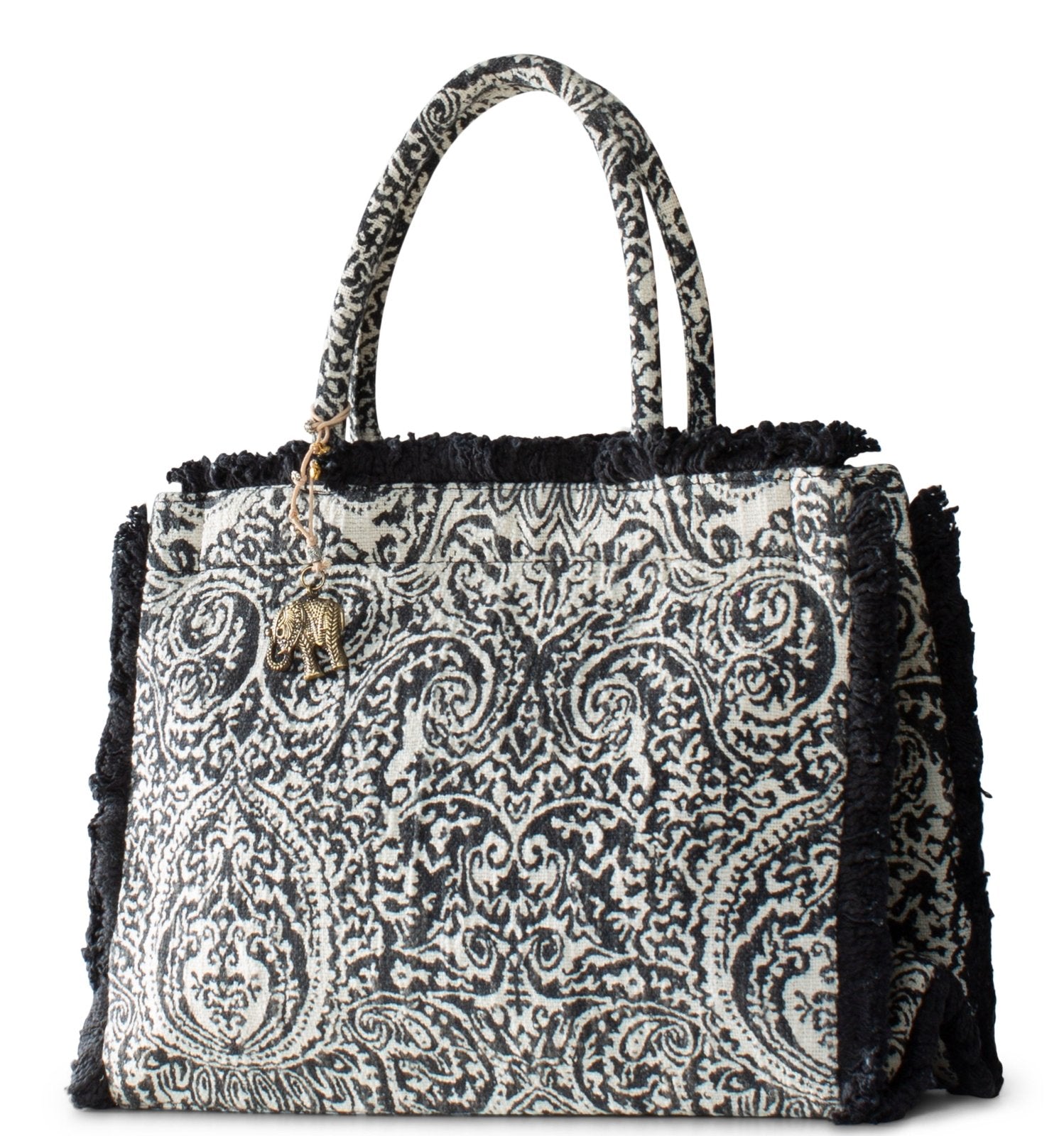 Book Tote aus Jacquard mit Paisley - Muster und Fransen im Boho - Stil - ANOKHI