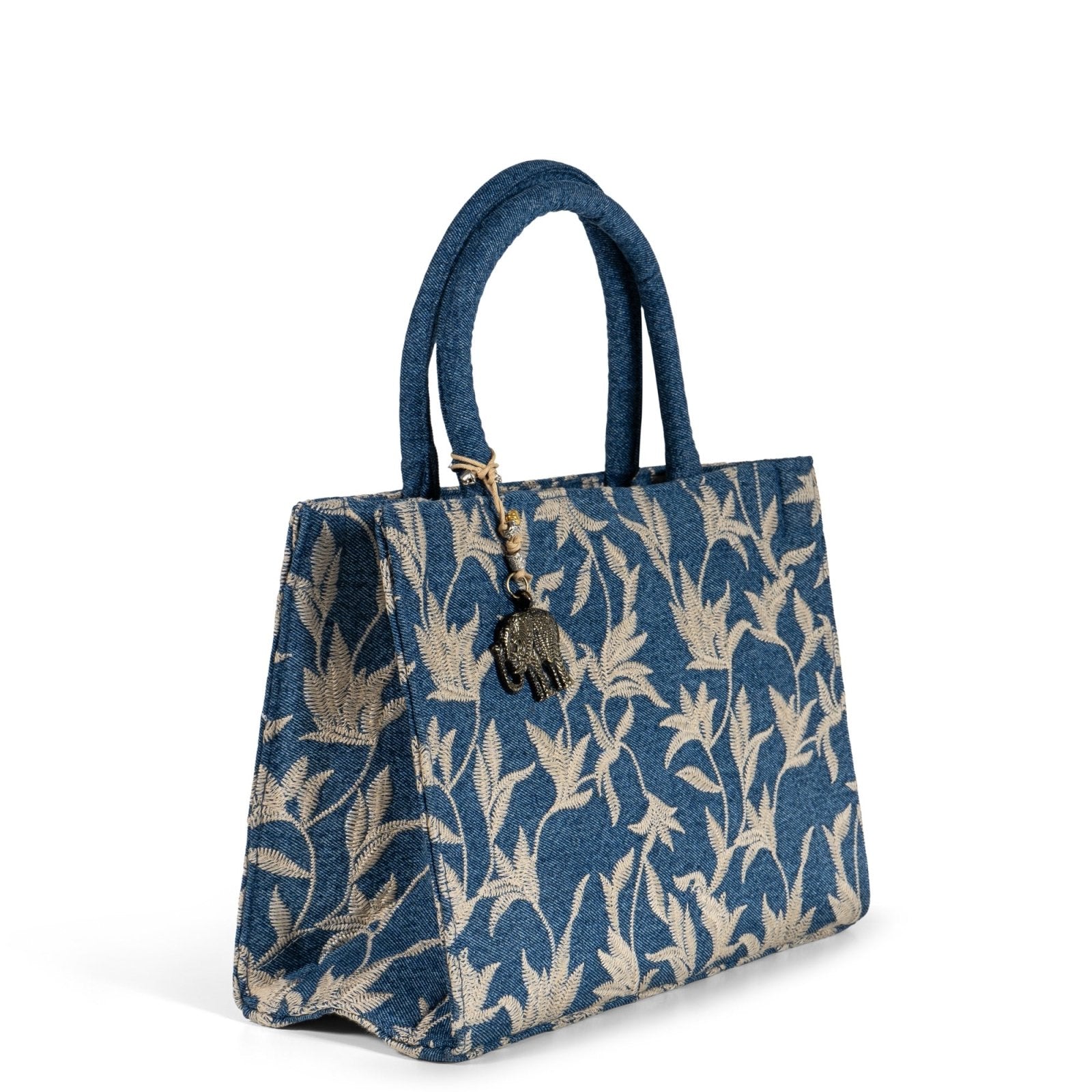 Book Tote Crochet mittlere Größe Blue Denim Blumenstick beige - ANOKHI