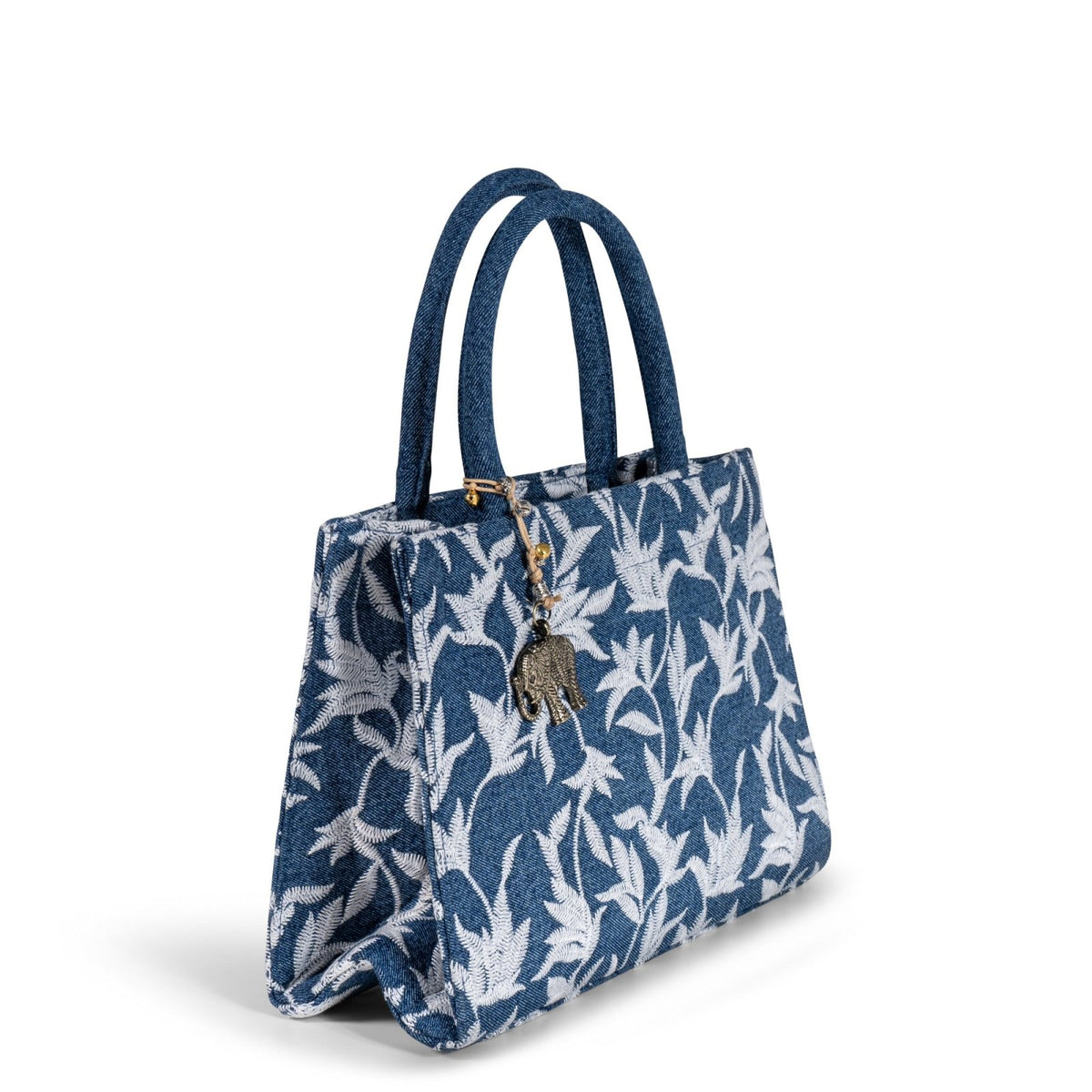 Book Tote Crochet mittlere Größe Blue Denim Blumenstick weiß - ANOKHI