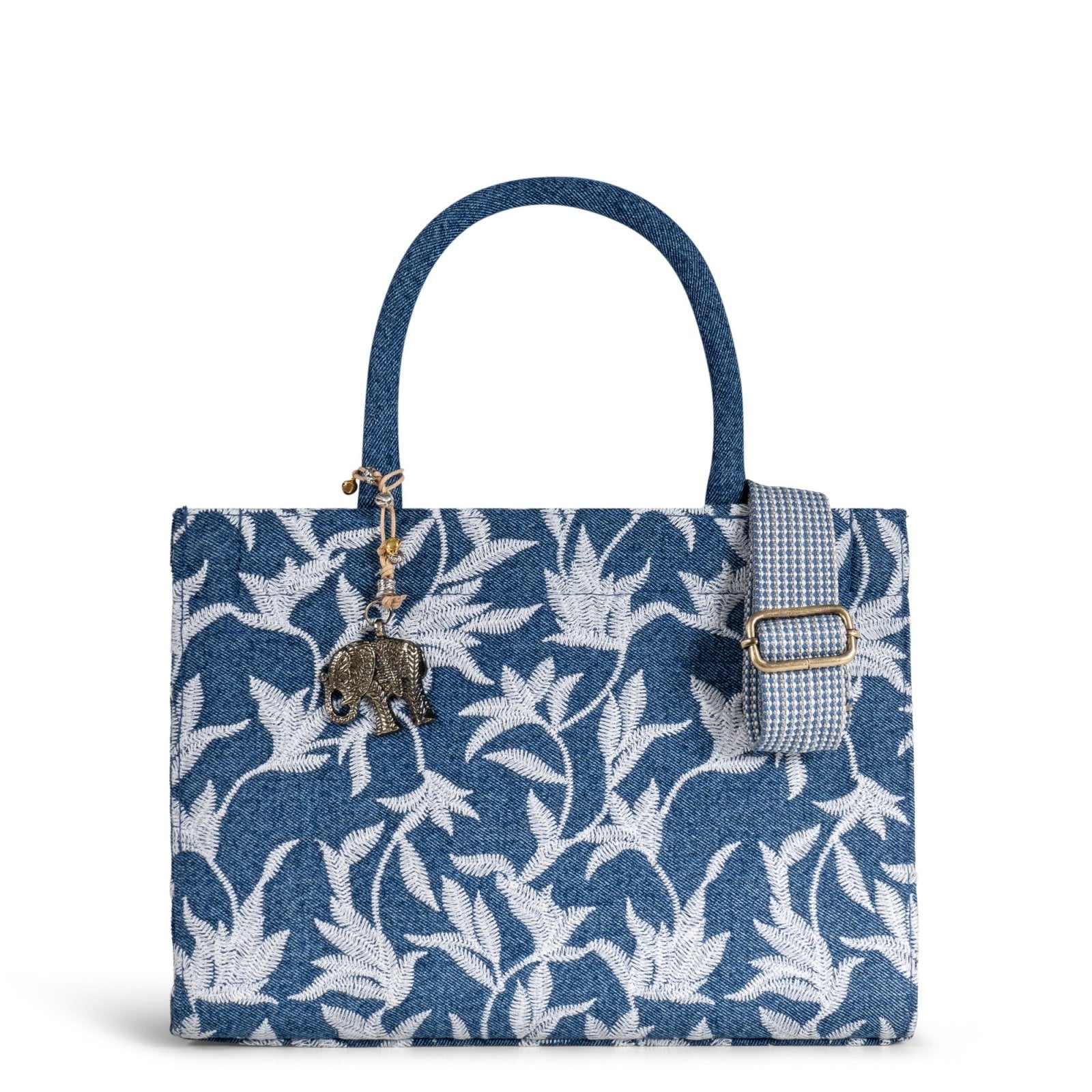 Book Tote Crochet mittlere Größe Blue Denim Blumenstick weiß - ANOKHI