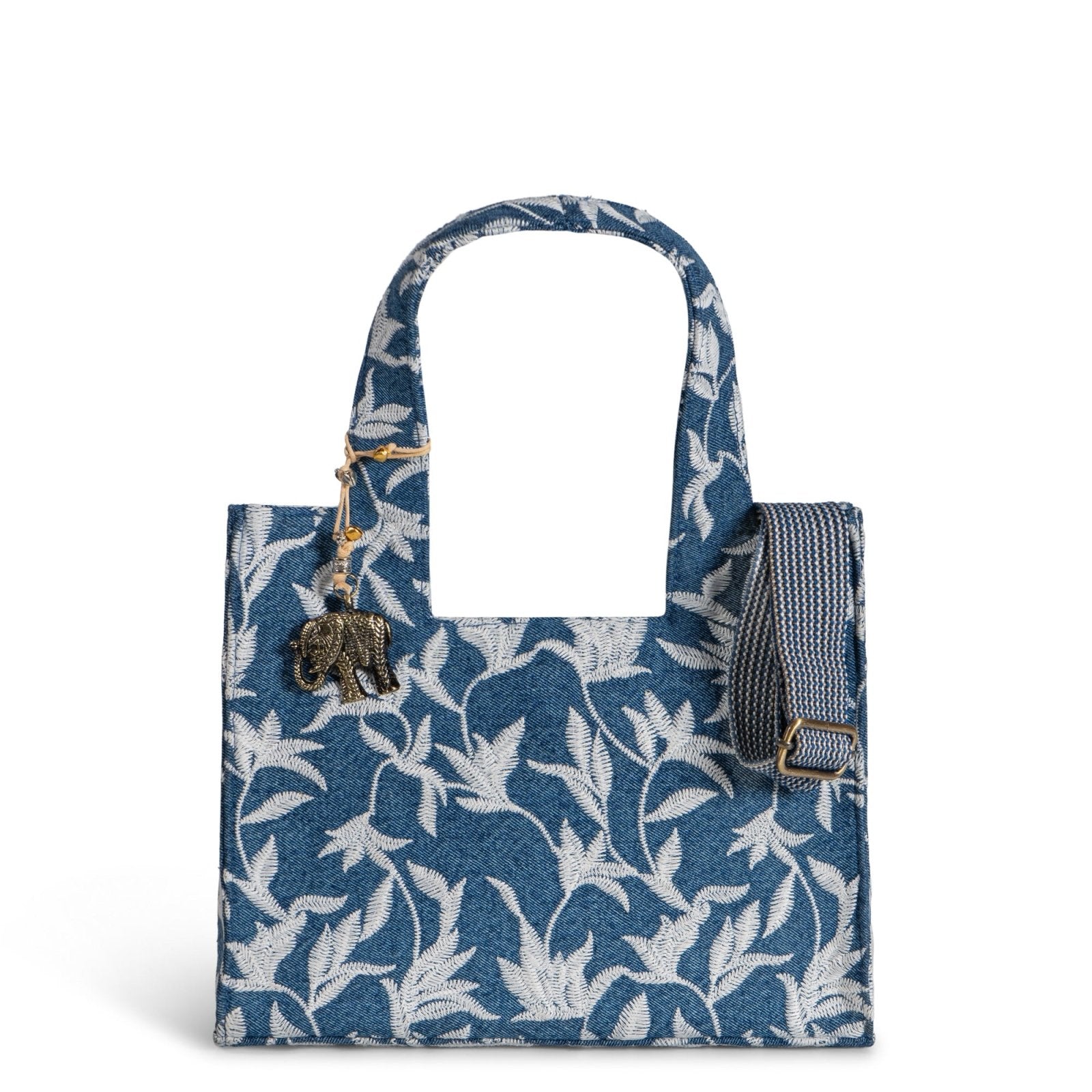 Book Tote klein Blue Denim Blumenstick weiß - ANOKHI