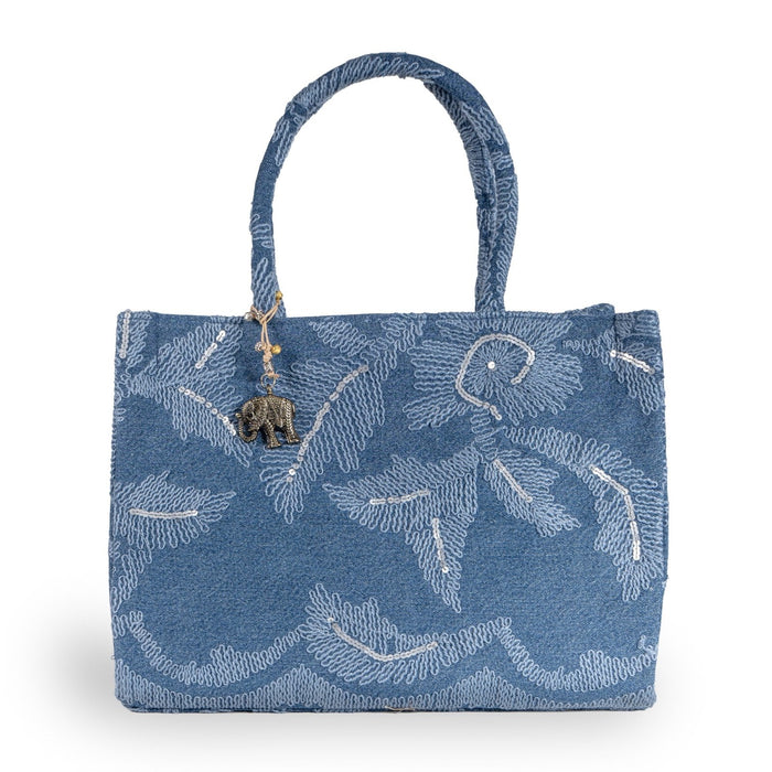 Book Tote Large Blue Denim bestickt Pailetten - ANOKHI