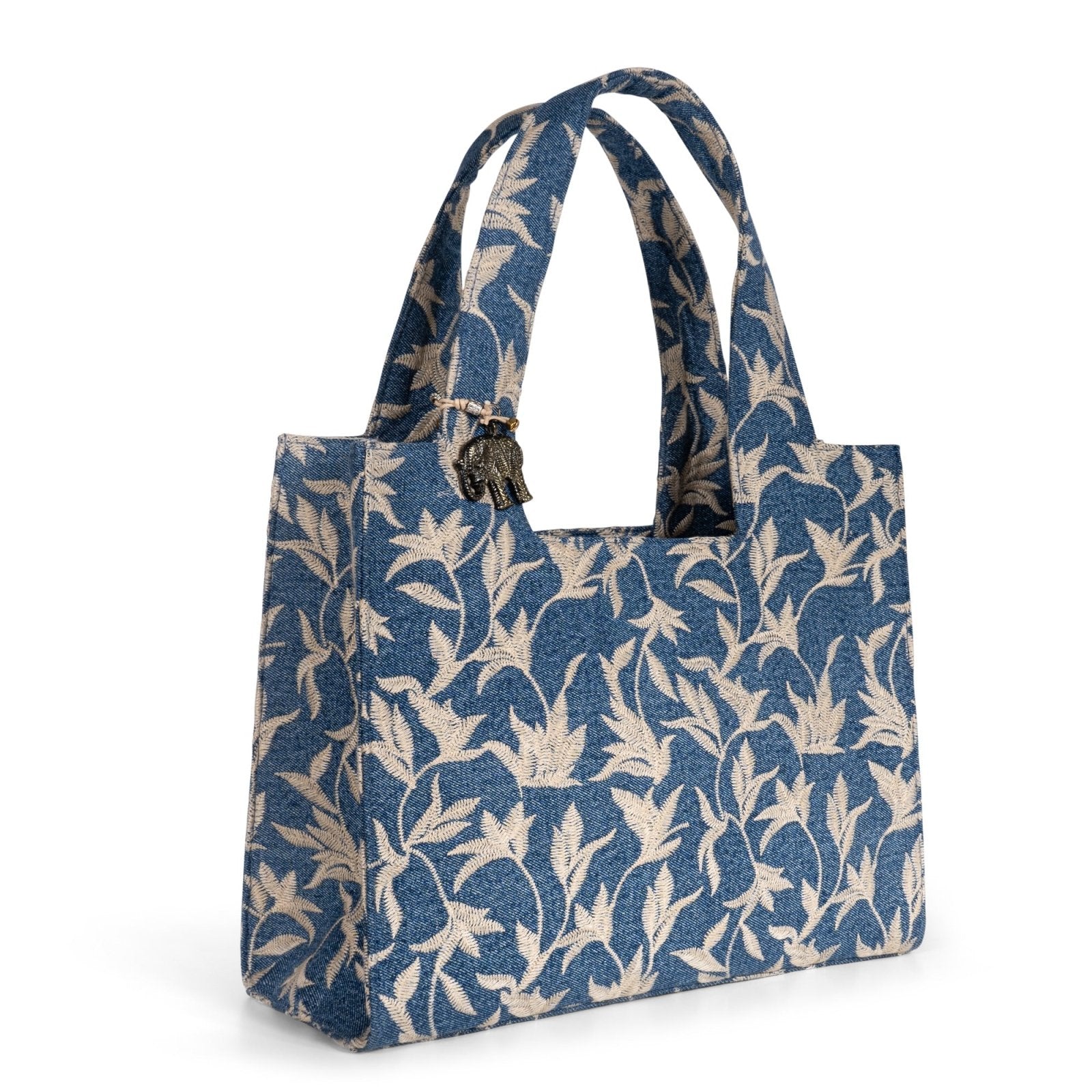 Book Tote mittlere Größe Blue Denim Blumenstick beige - ANOKHI