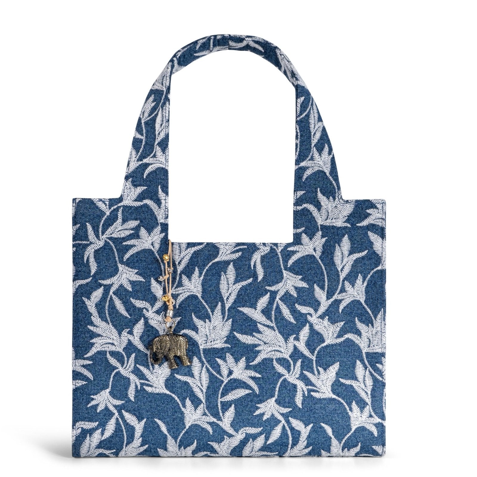 Book Tote mittlere Größe Blue Denim Blumenstick weiß - ANOKHI
