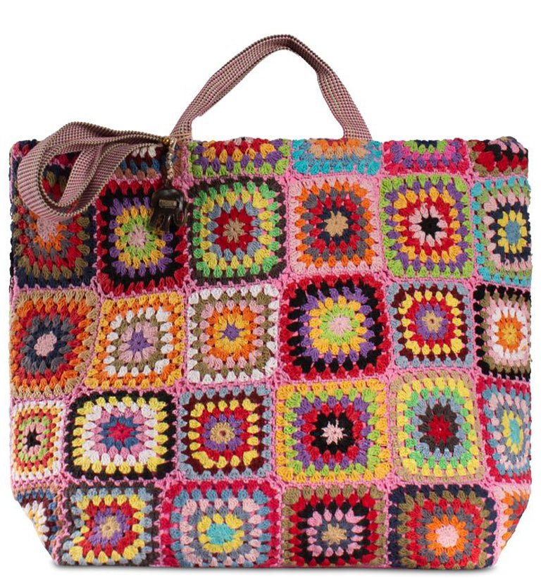 Bunte Patchwork Tasche im Häkel – Look – Boho Stil aus Textil - ANOKHI