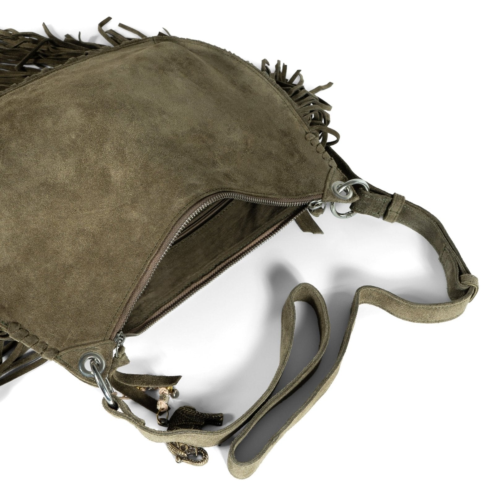 Fransentasche Crossbody Velourleder olive - ANOKHI