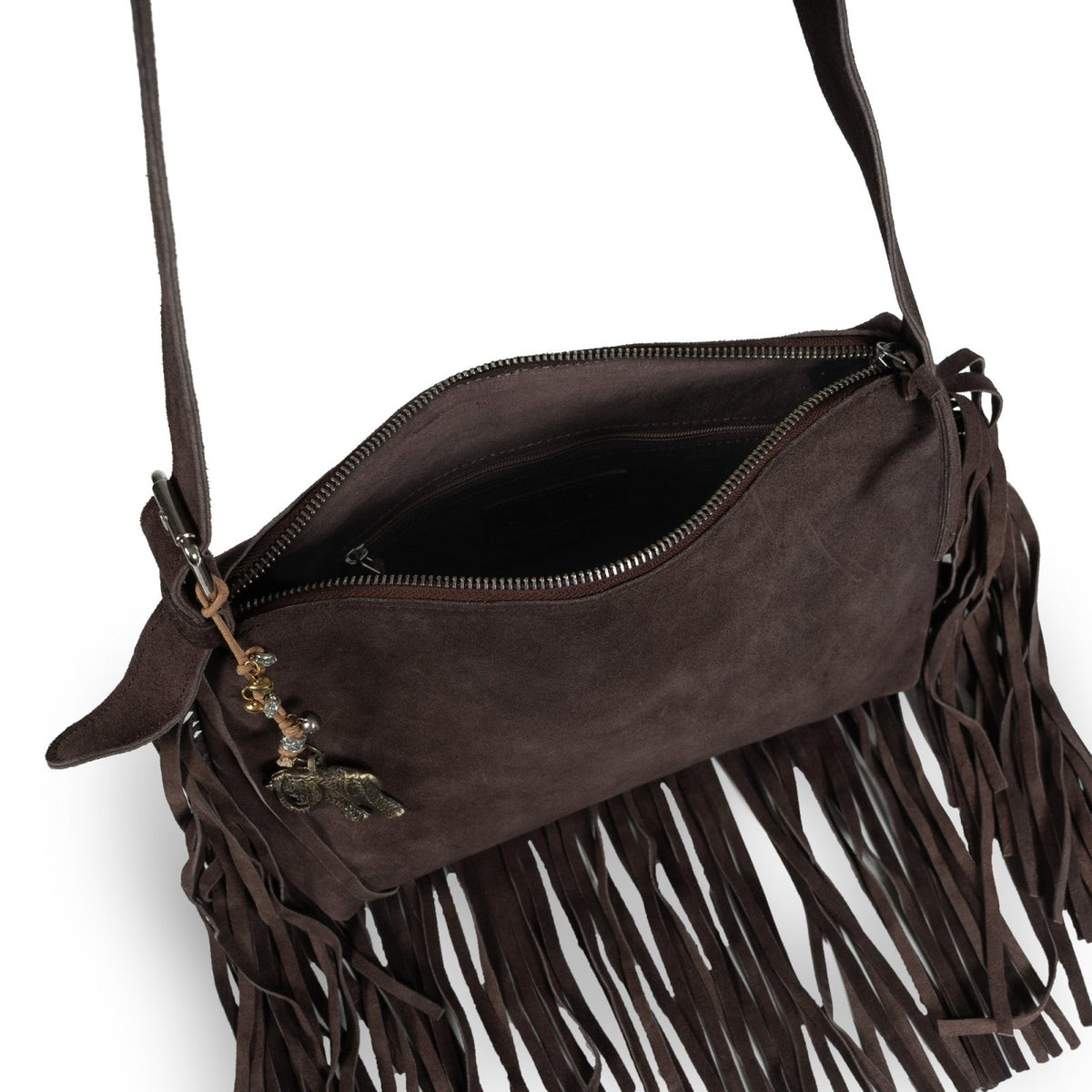 Fransentasche klein Velourleder braun - ANOKHI