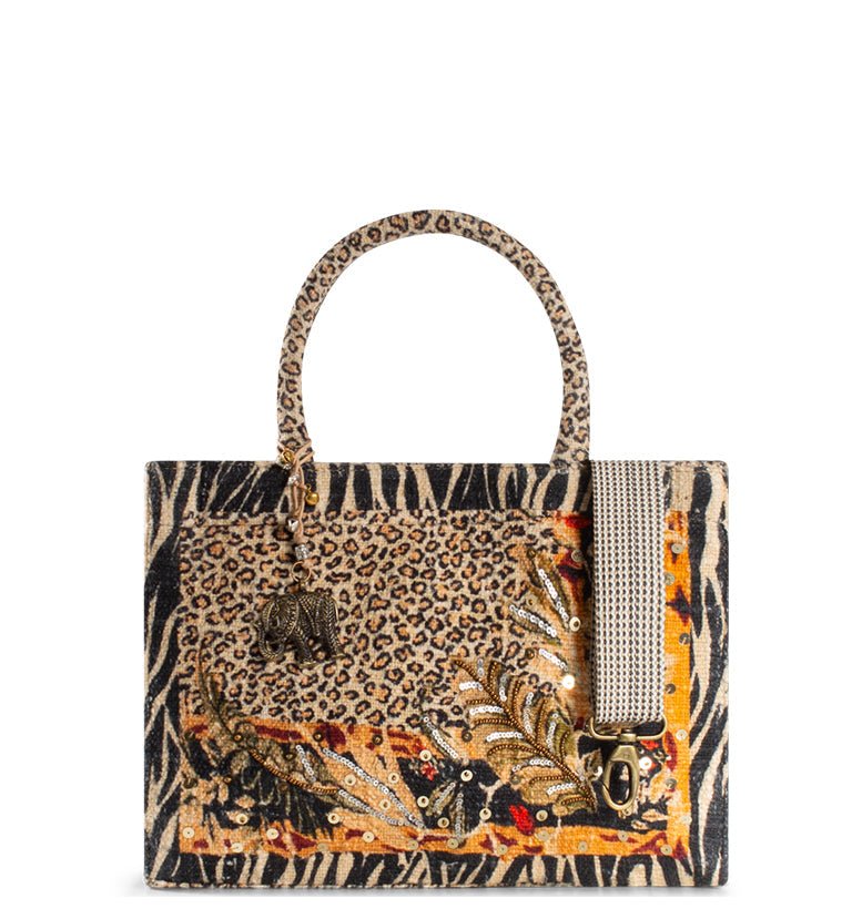 Glamour Tote mit Palmen–Stickerei & Animalprint – Anokhi - ANOKHI