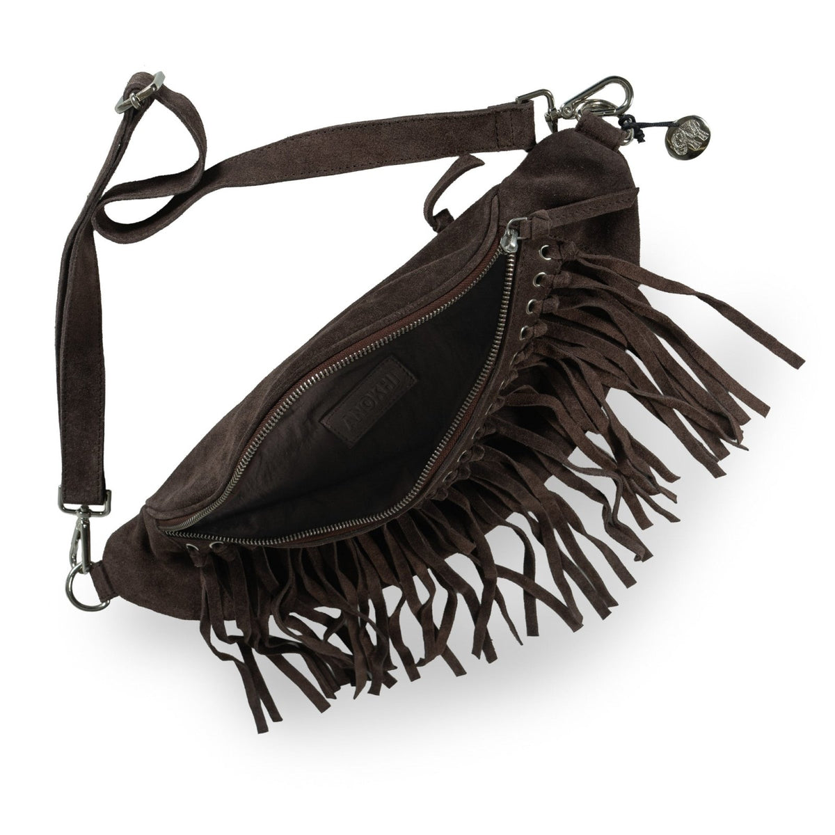 Große Belt Bag Velourleder Fransen braun - ANOKHI