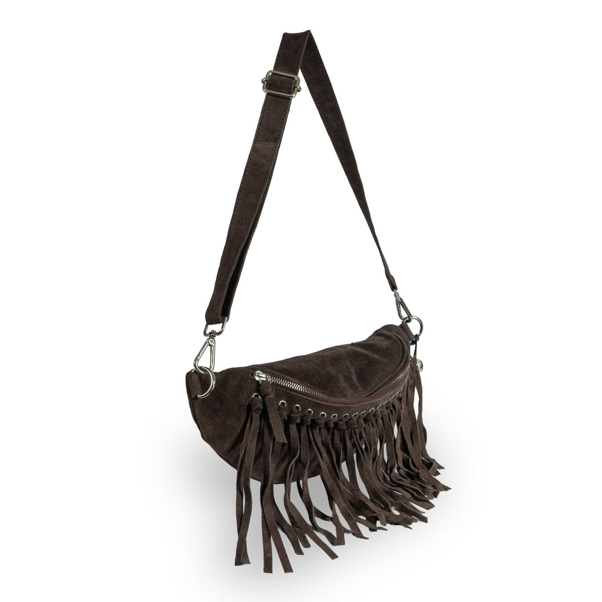 Große Belt Bag Velourleder Fransen braun - ANOKHI