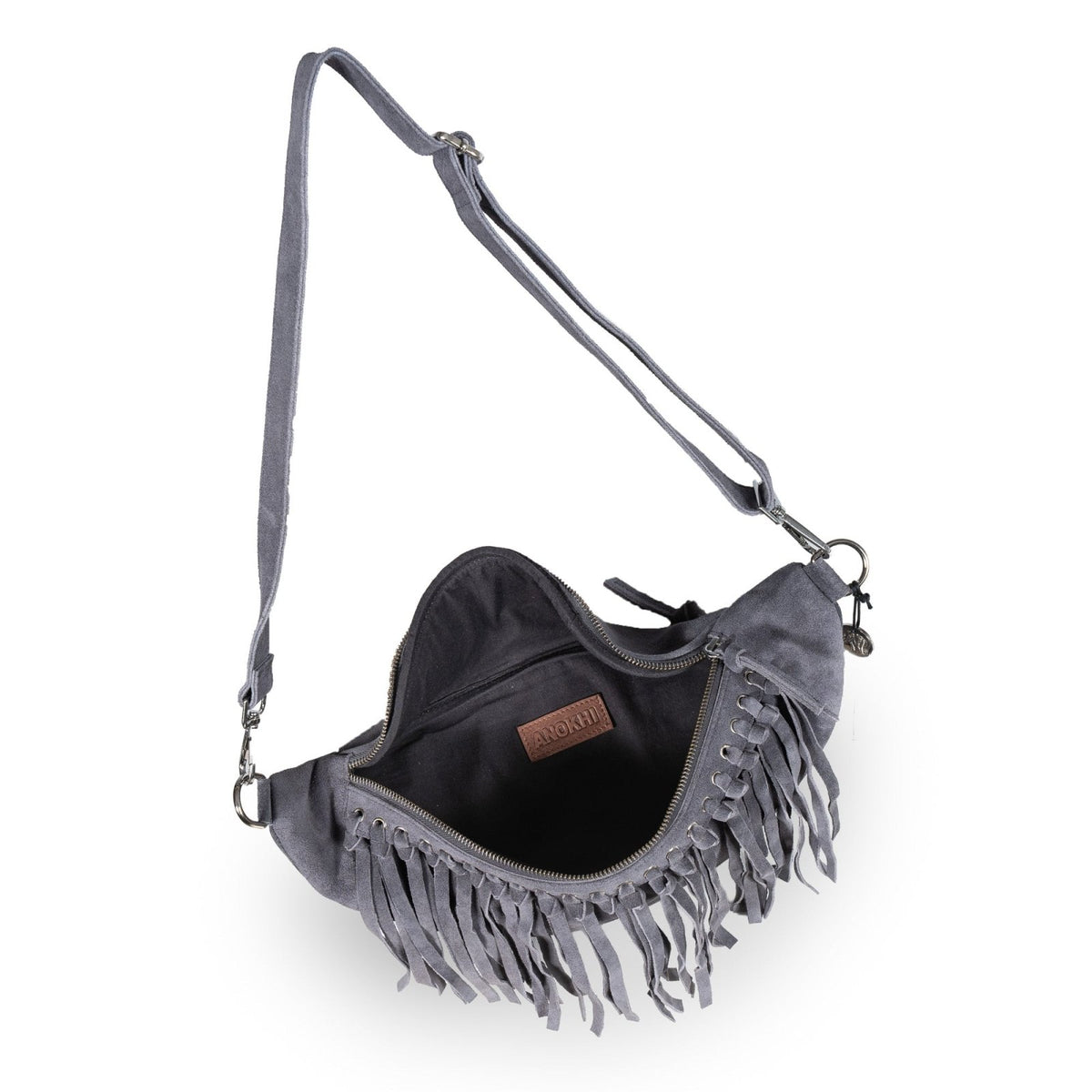 Große Belt Bag Velourleder Fransen grau - ANOKHI