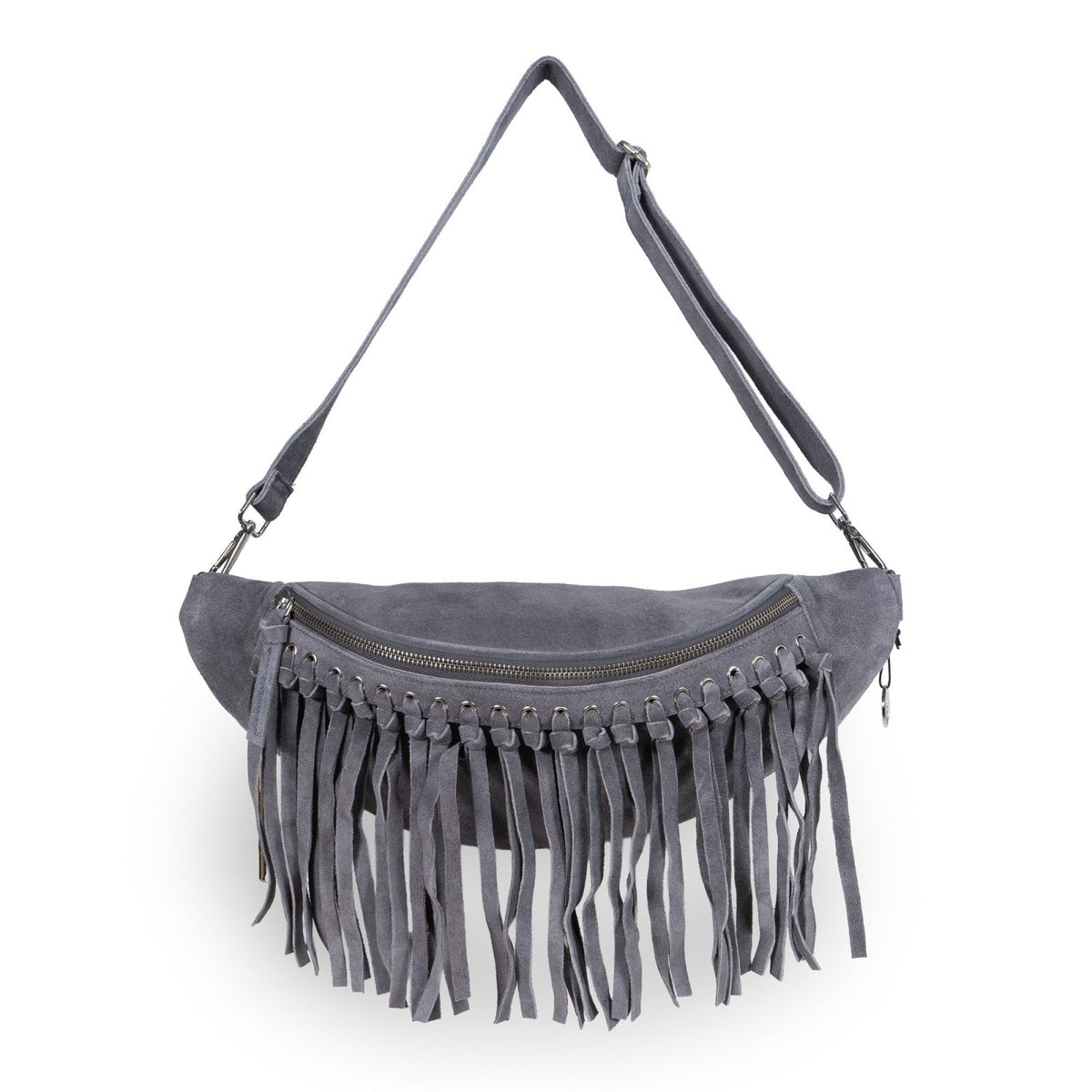 Große Belt Bag Velourleder Fransen grau - ANOKHI