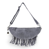 Große Belt Bag Velourleder Fransen grau - ANOKHI