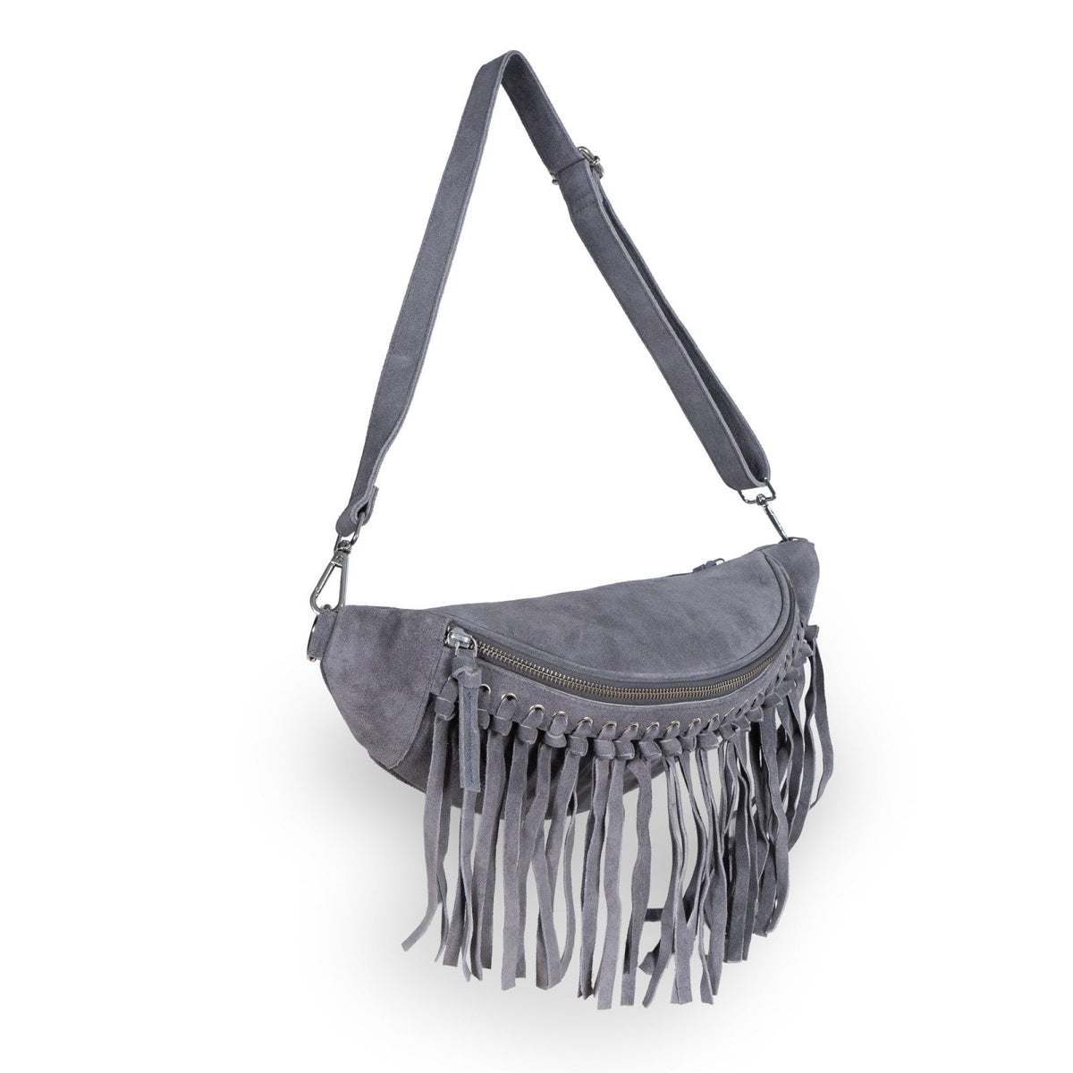 Große Belt Bag Velourleder Fransen grau - ANOKHI