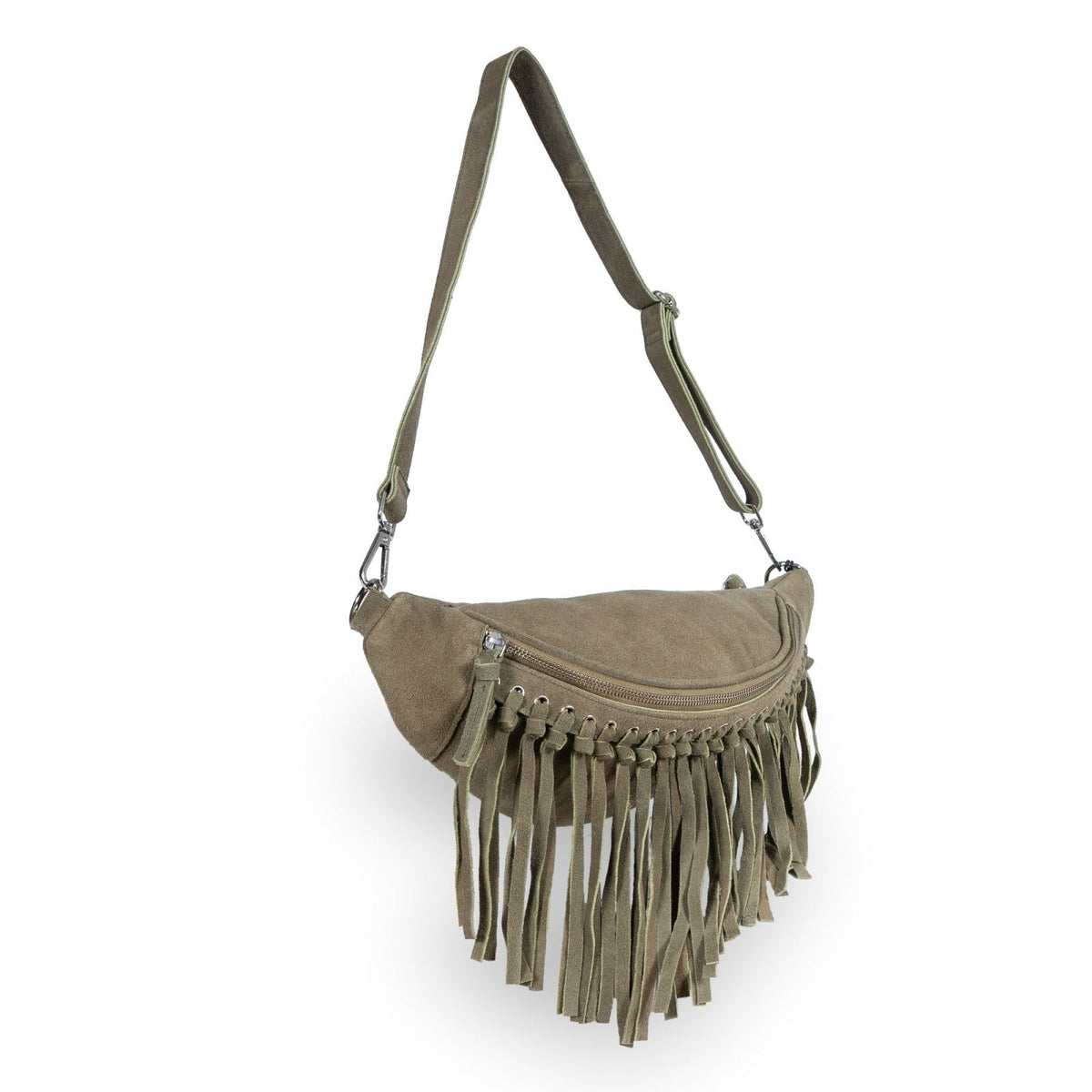 Große Belt Bag Velourleder Fransen olive - ANOKHI