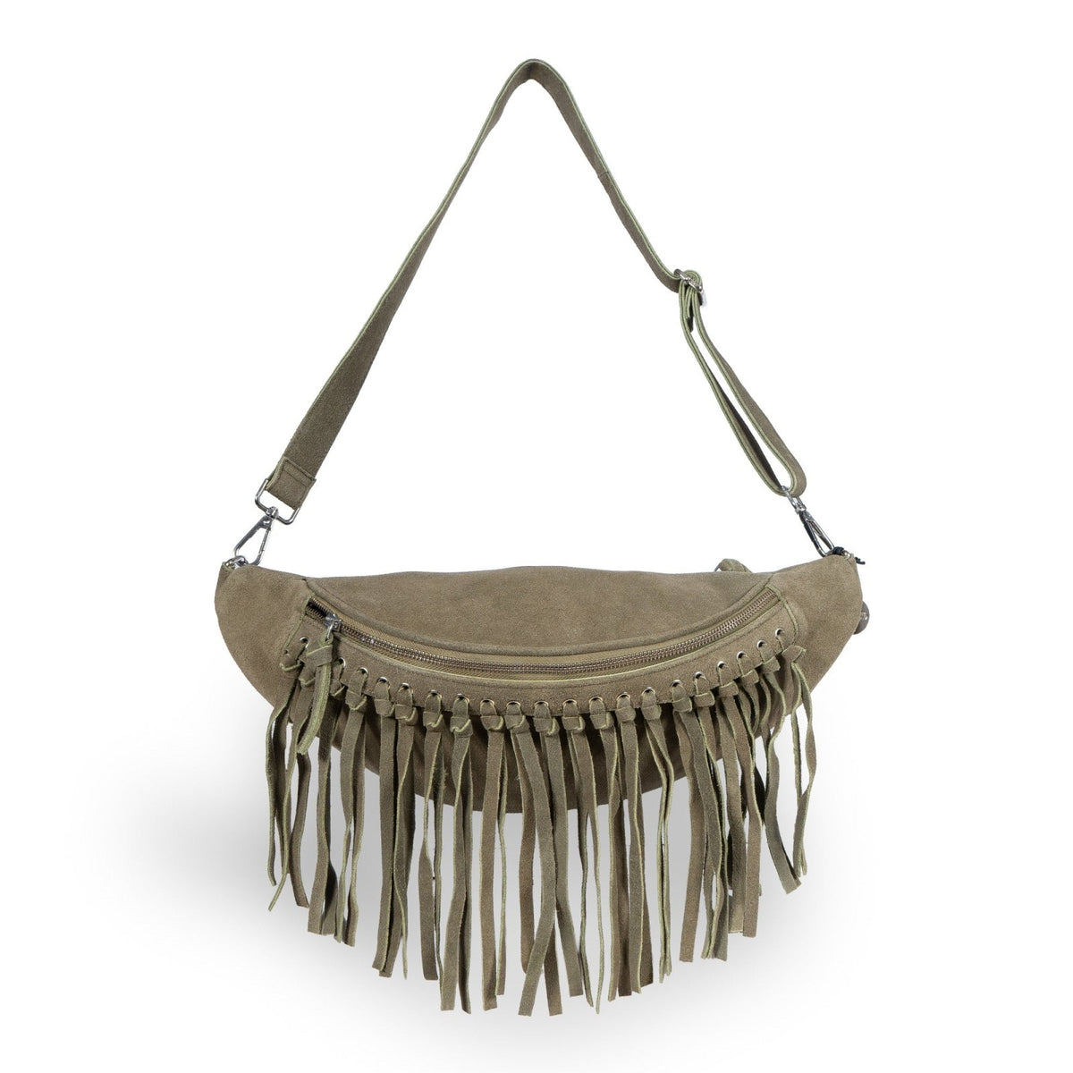 Große Belt Bag Velourleder Fransen olive - ANOKHI