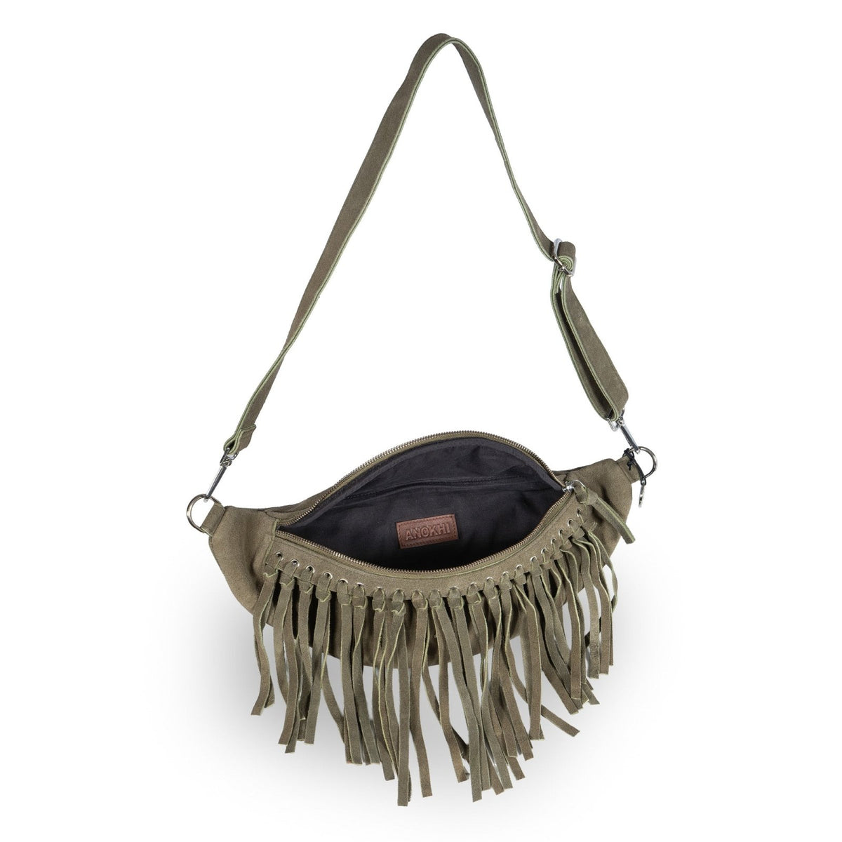 Große Belt Bag Velourleder Fransen olive - ANOKHI
