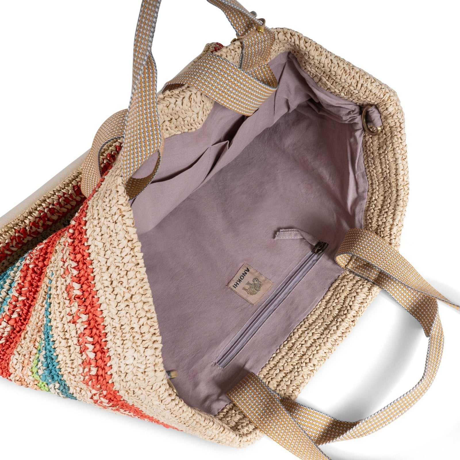 Großer Shopper aus Bast Handarbeit Streifenmuster - ANOKHI