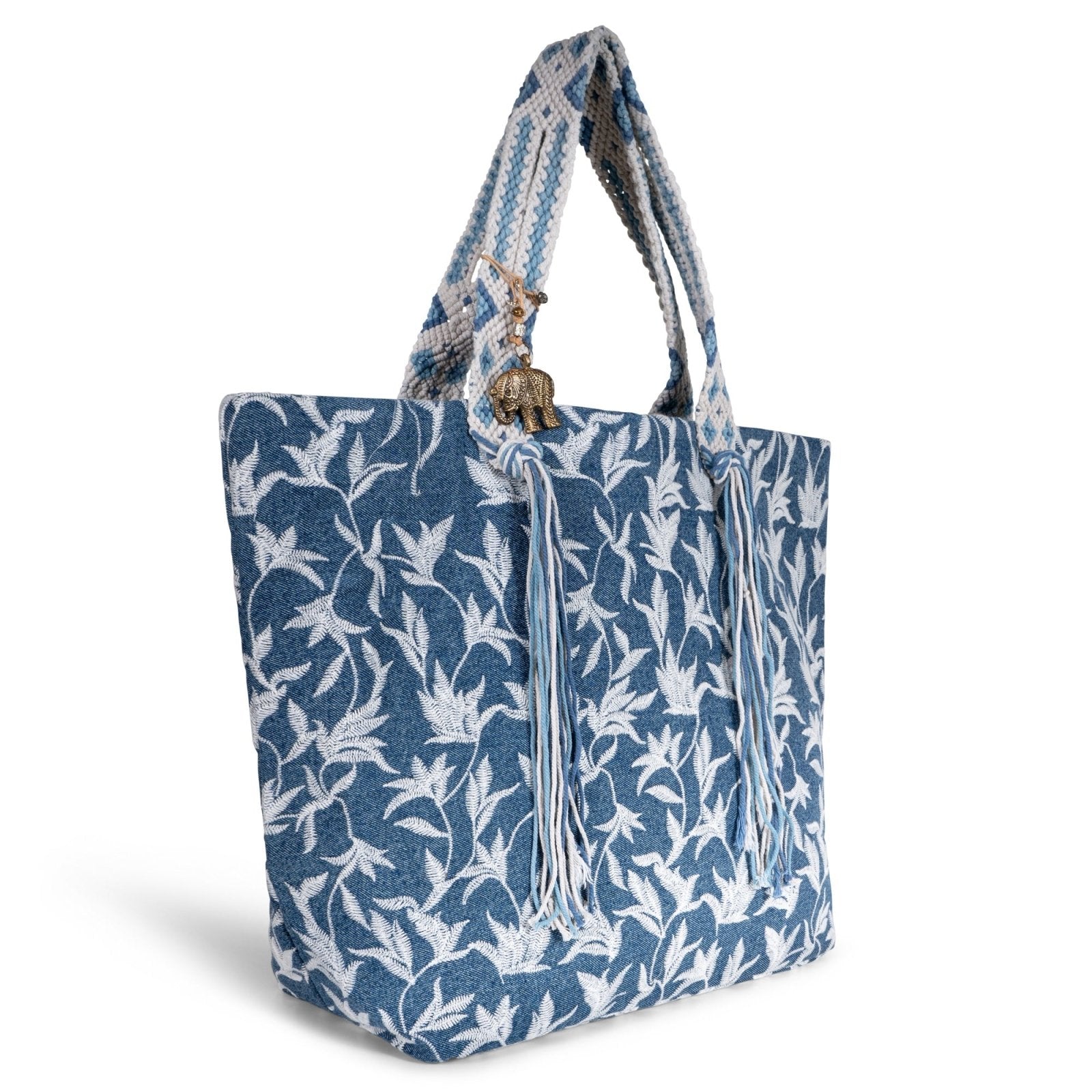 Großer Shopper Blue Denim Blumestick Makramee - ANOKHI