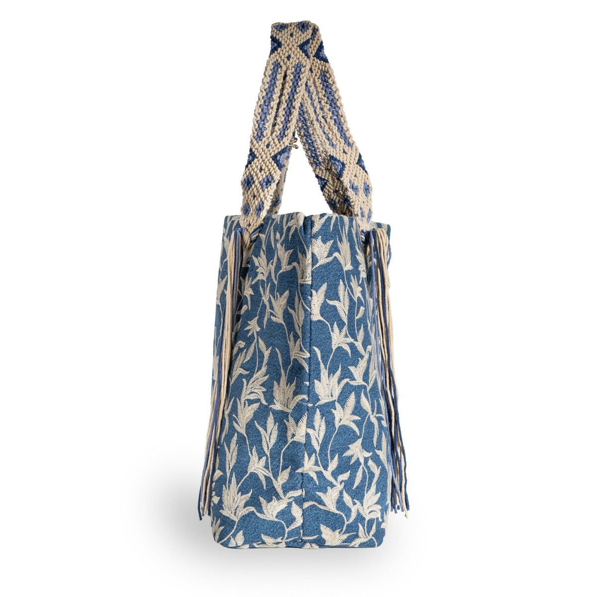 Großer Shopper Blue Denim Blumestick Makramee - ANOKHI