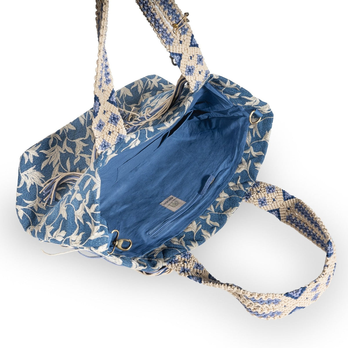 Großer Shopper Blue Denim Blumestick Makramee - ANOKHI