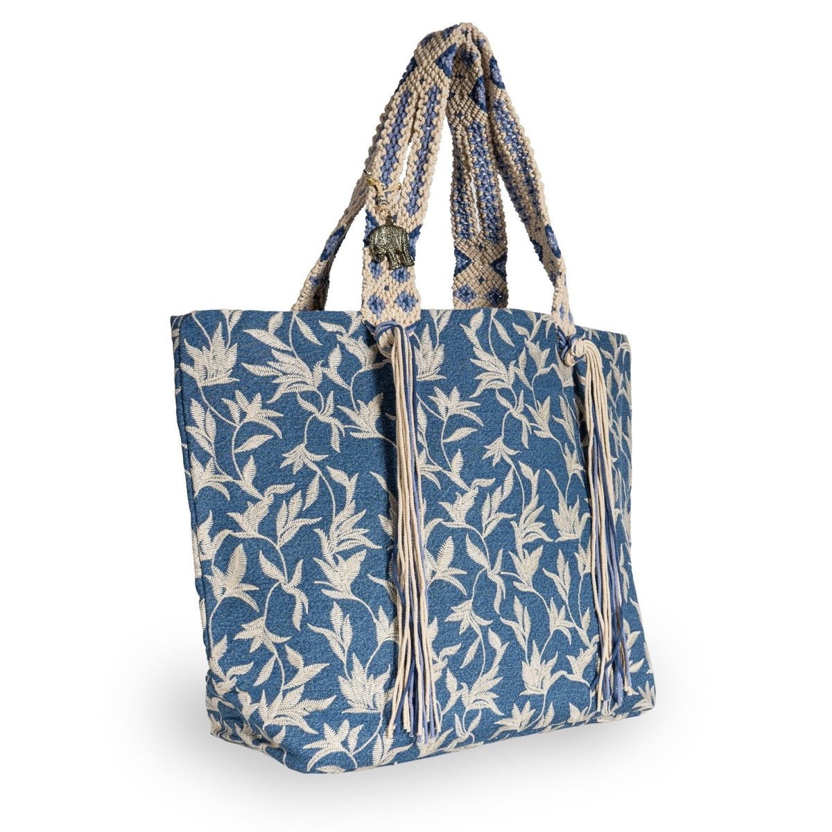 Großer Shopper Blue Denim Blumestick Makramee - ANOKHI