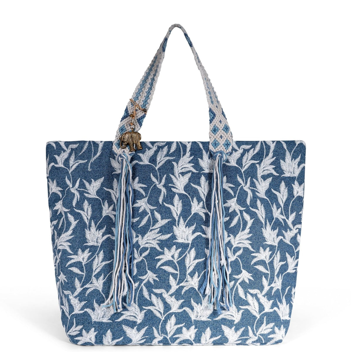 Großer Shopper Blue Denim Blumestick Makramee - ANOKHI