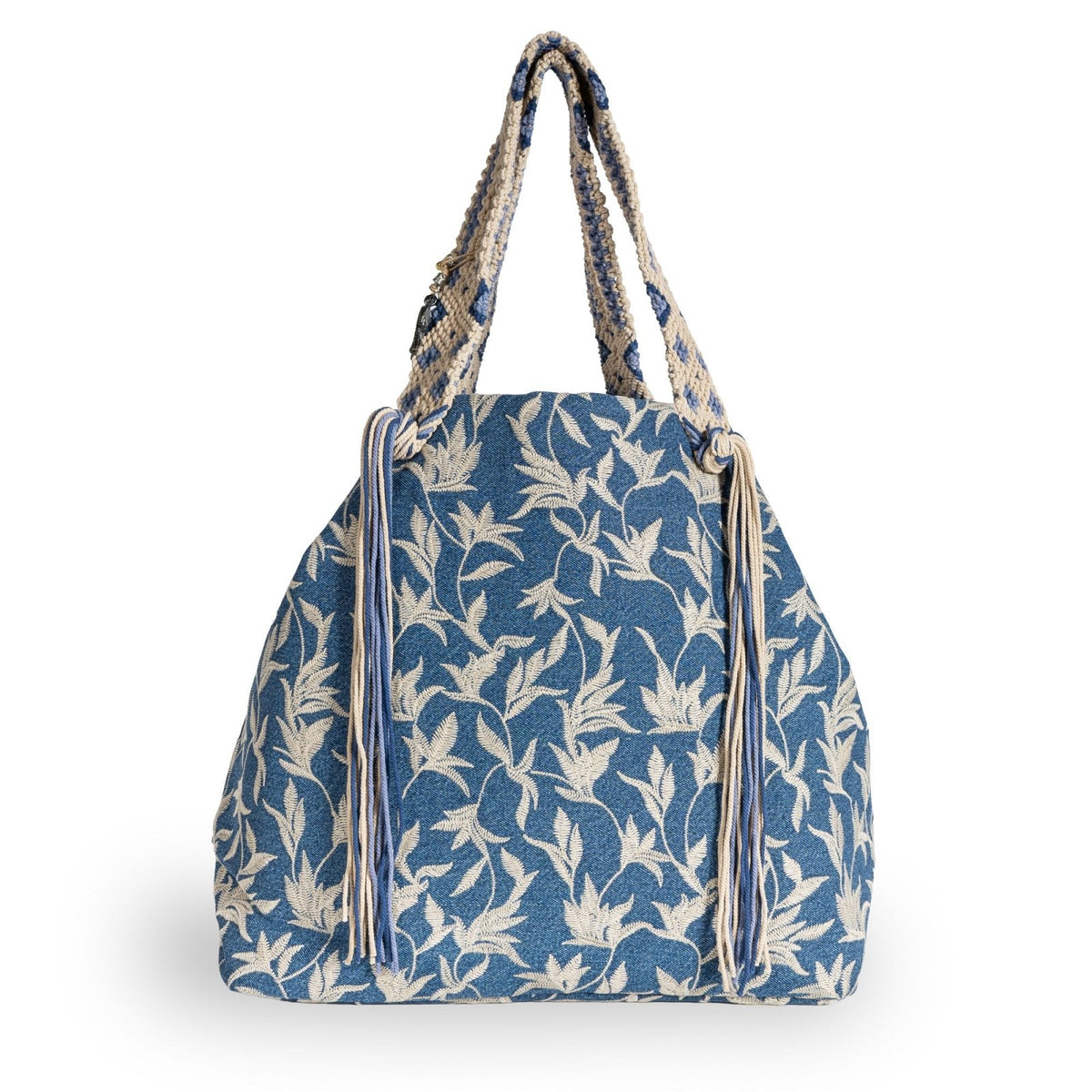 Großer Shopper Blue Denim Blumestick Makramee - ANOKHI