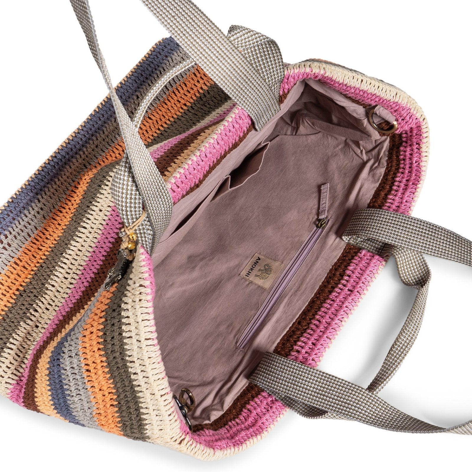 Großer Shopper gehäkelt Handarbeit Streifen multicolor - ANOKHI