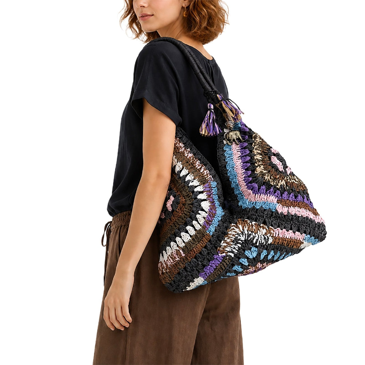 Hippie Bag Beuteltasche Bast Handarbeit multicolor - ANOKHI