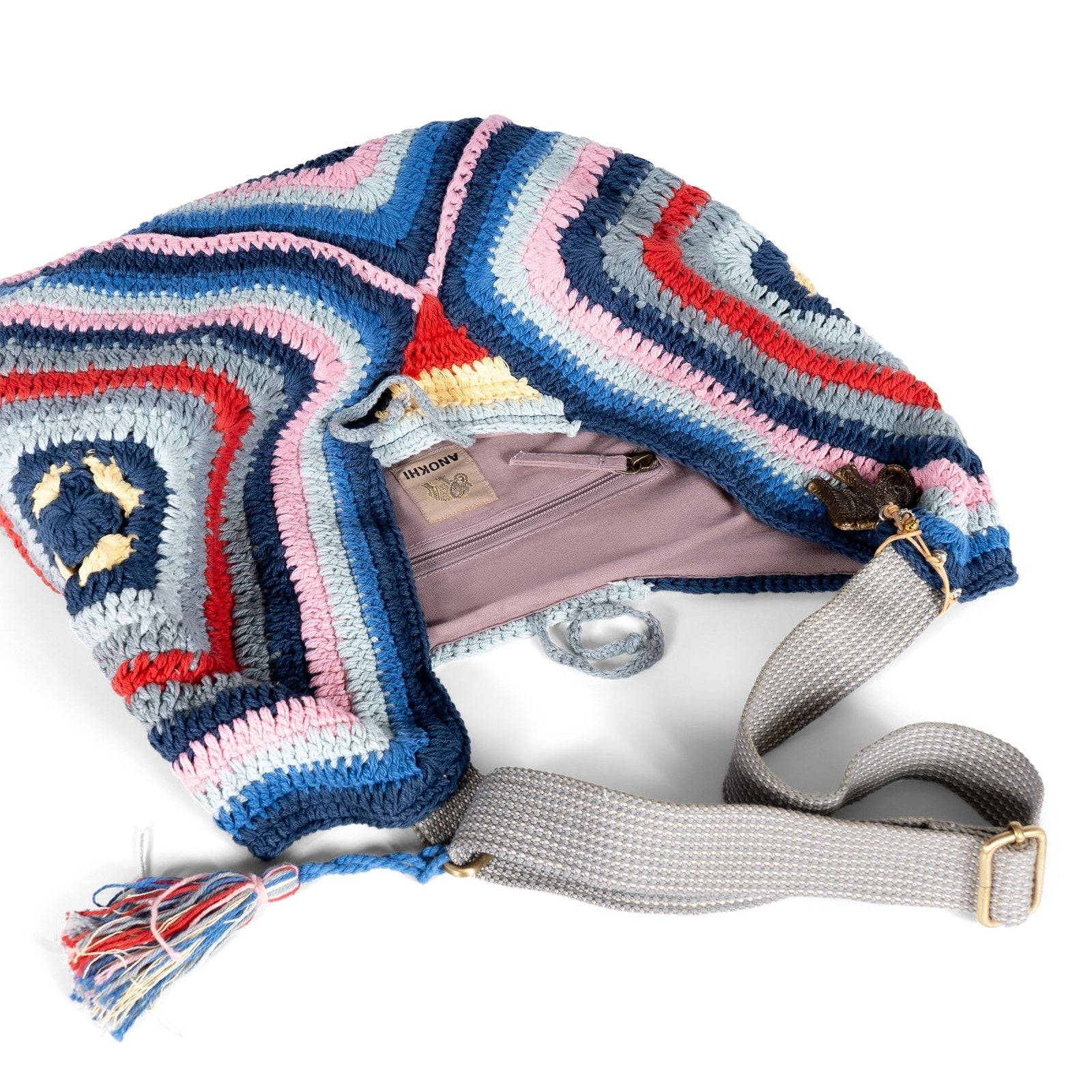 Hippie Bag Beuteltasche gehäkelt Handarbeit blau multicolor - ANOKHI