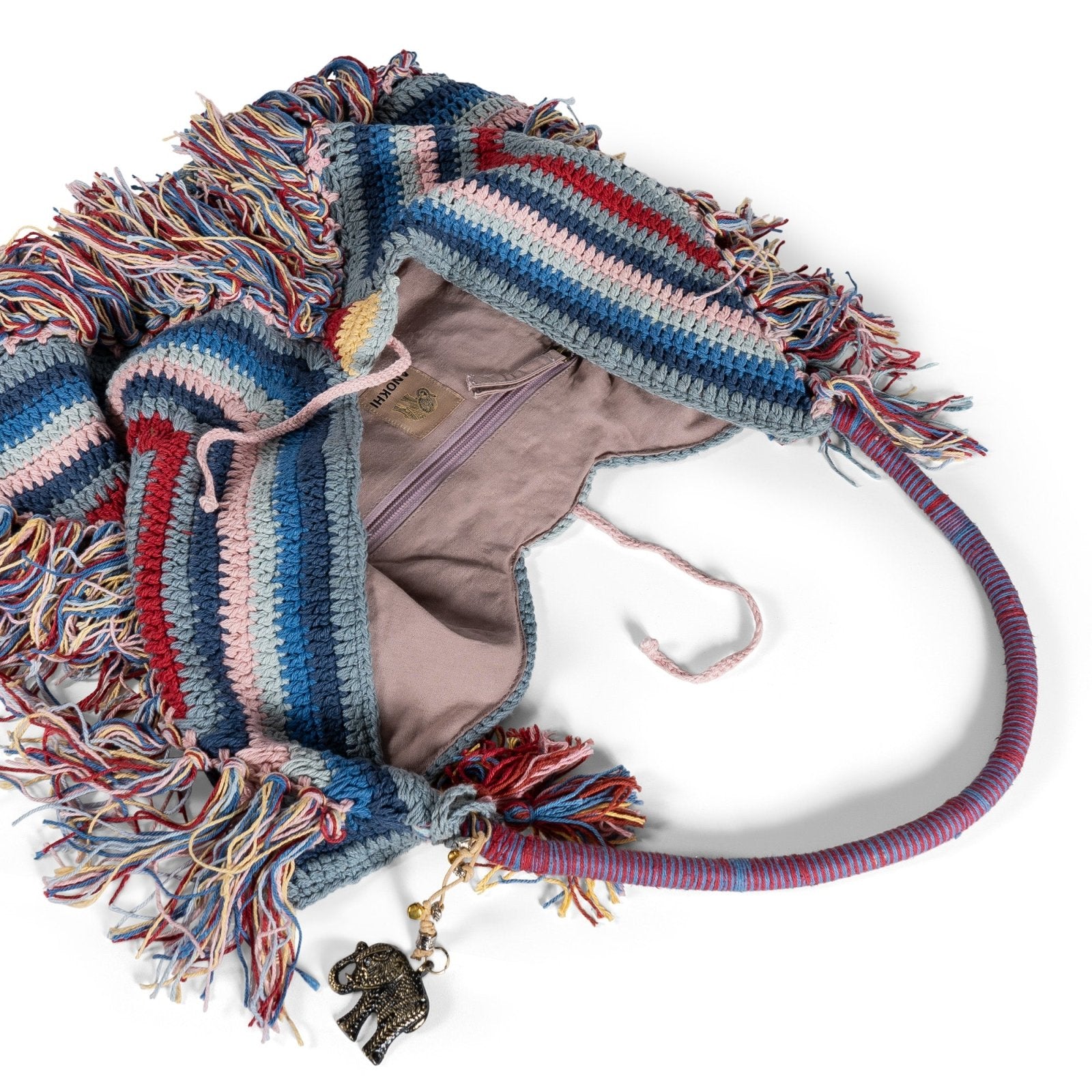 Hippie Bag Beuteltasche gehäkelt Handarbeit blau multicolor Fransen - ANOKHI