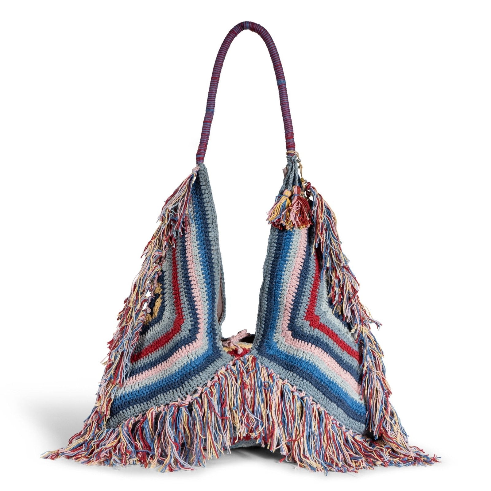 Hippie Bag Beuteltasche gehäkelt Handarbeit blau multicolor Fransen - ANOKHI