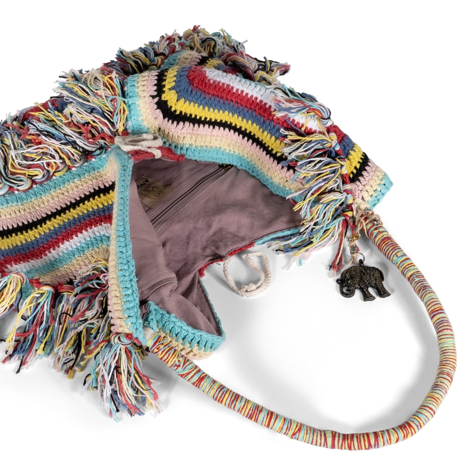Hippie Bag Beuteltasche gehäkelt Handarbeit multicolor Fransen - ANOKHI