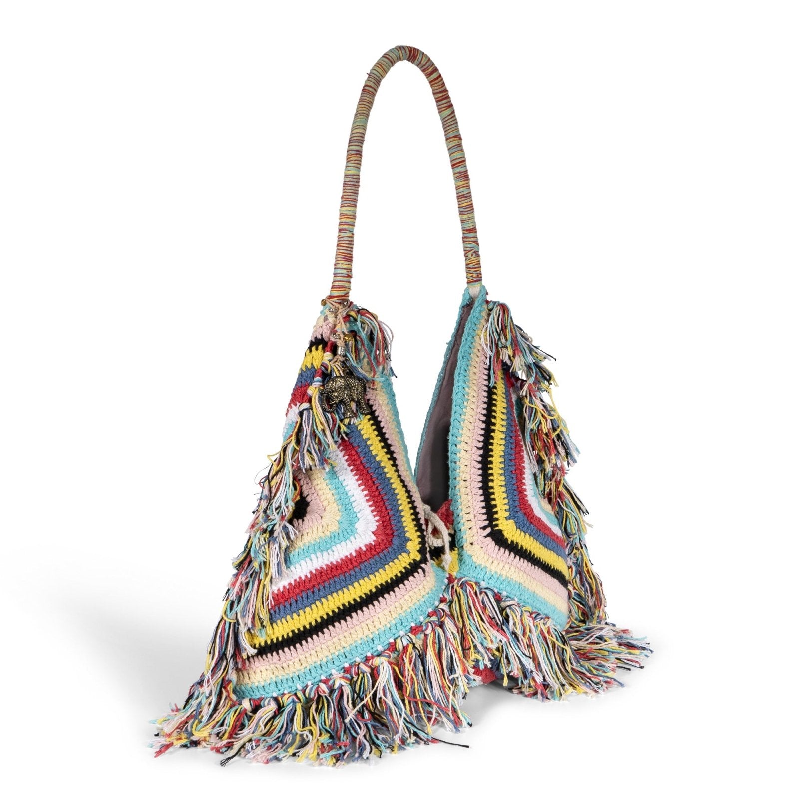 Hippie Bag Beuteltasche gehäkelt Handarbeit multicolor Fransen - ANOKHI