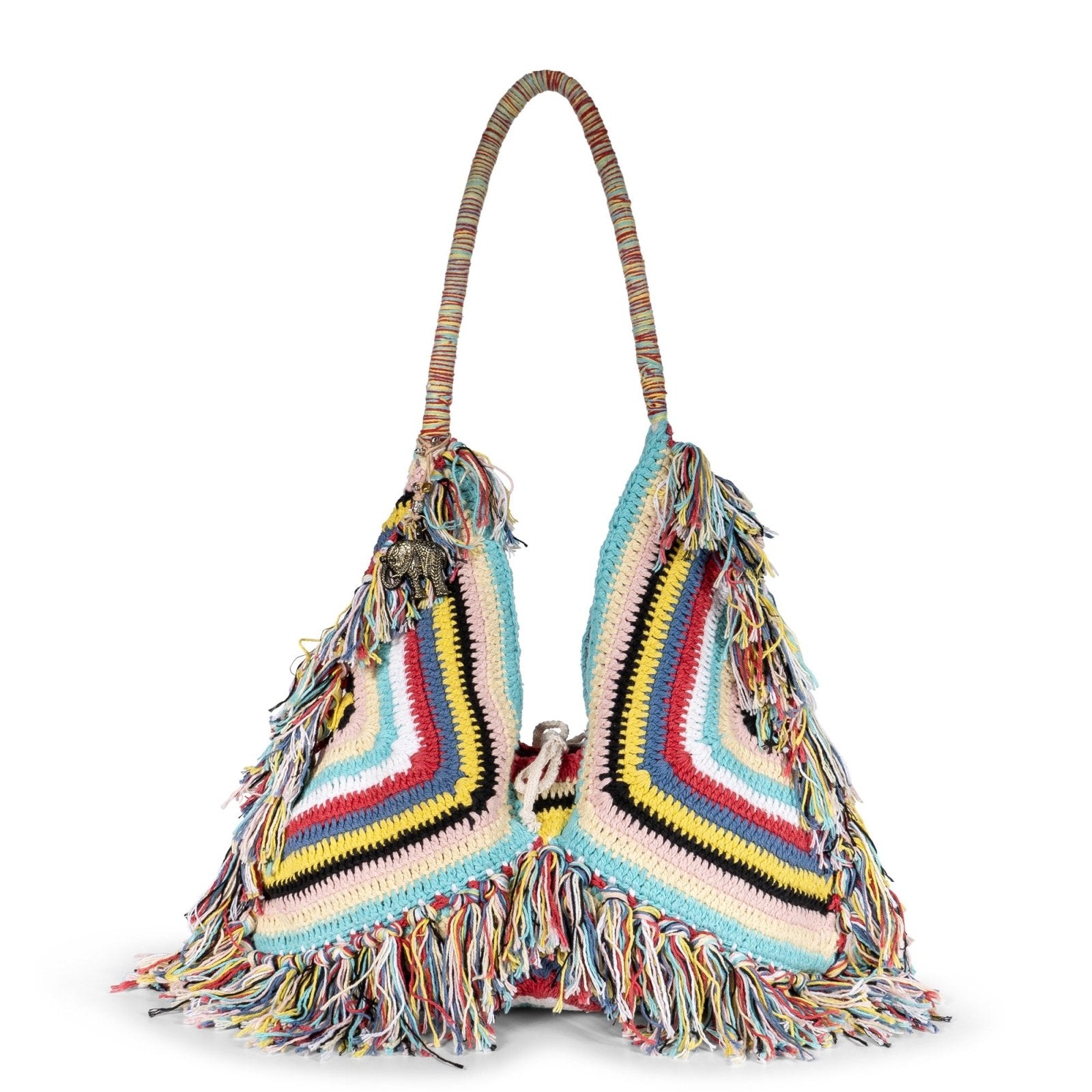 Hippie Bag Beuteltasche gehäkelt Handarbeit multicolor Fransen - ANOKHI