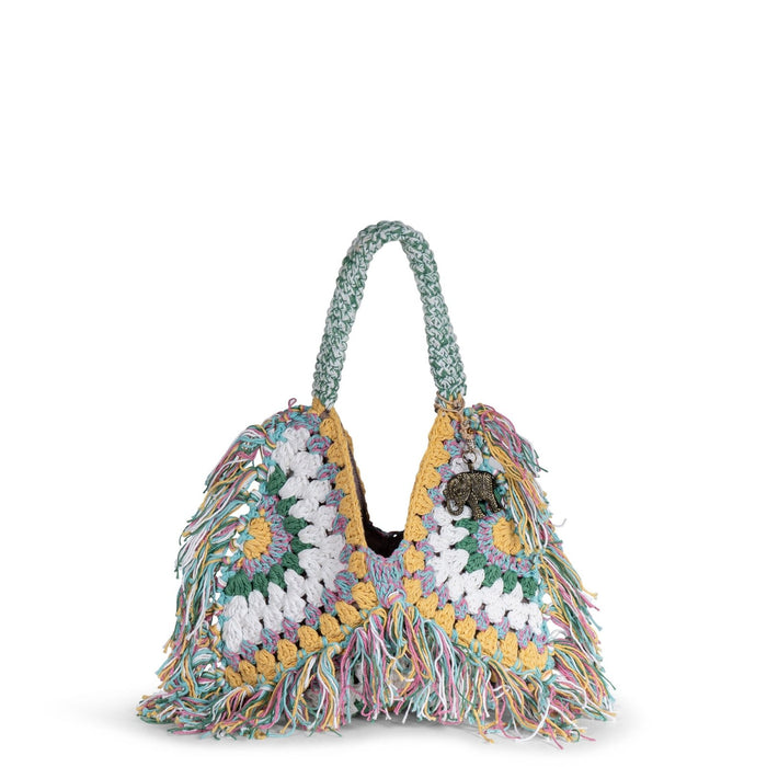 Hippie Bag Beuteltasche klein gehäkelt Handarbeit gelb multicolor Fransen - ANOKHI