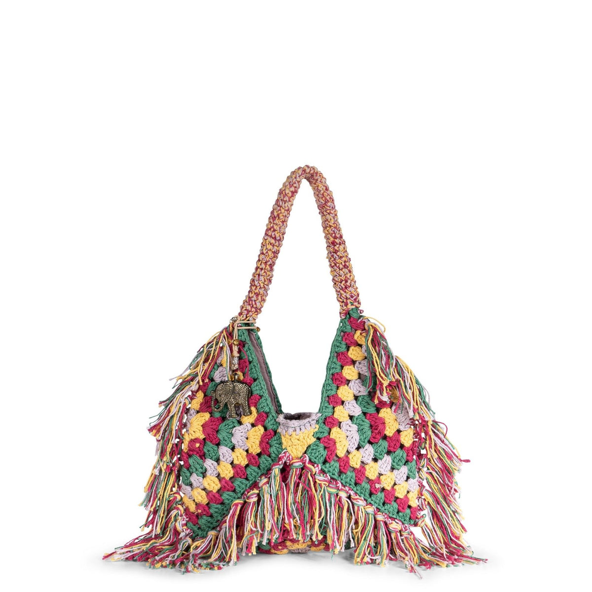 Hippie Bag Beuteltasche klein gehäkelt Handarbeit multicolor Fransen - ANOKHI