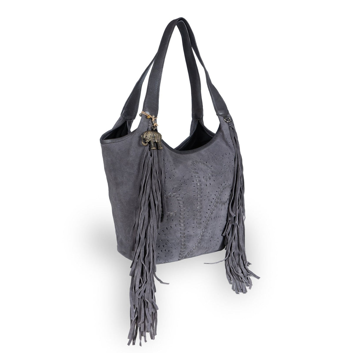 Hobo Bag Velourleder Fransen grau - ANOKHI