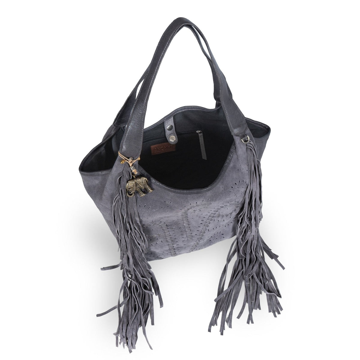 Hobo Bag Velourleder Fransen grau - ANOKHI