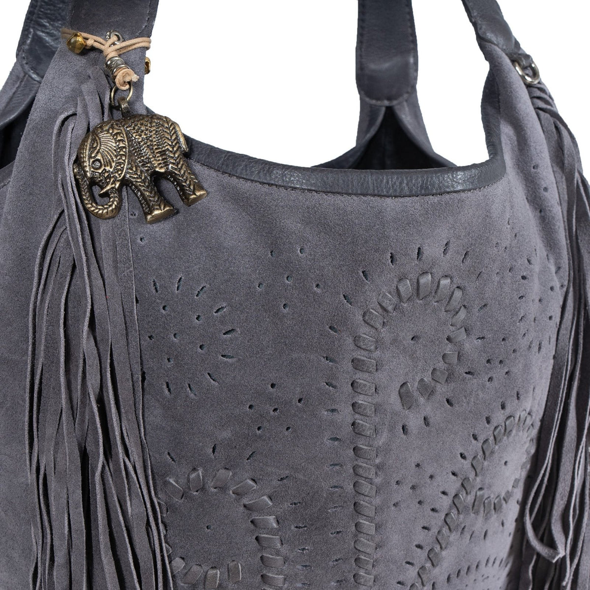 Hobo Bag Velourleder Fransen grau - ANOKHI
