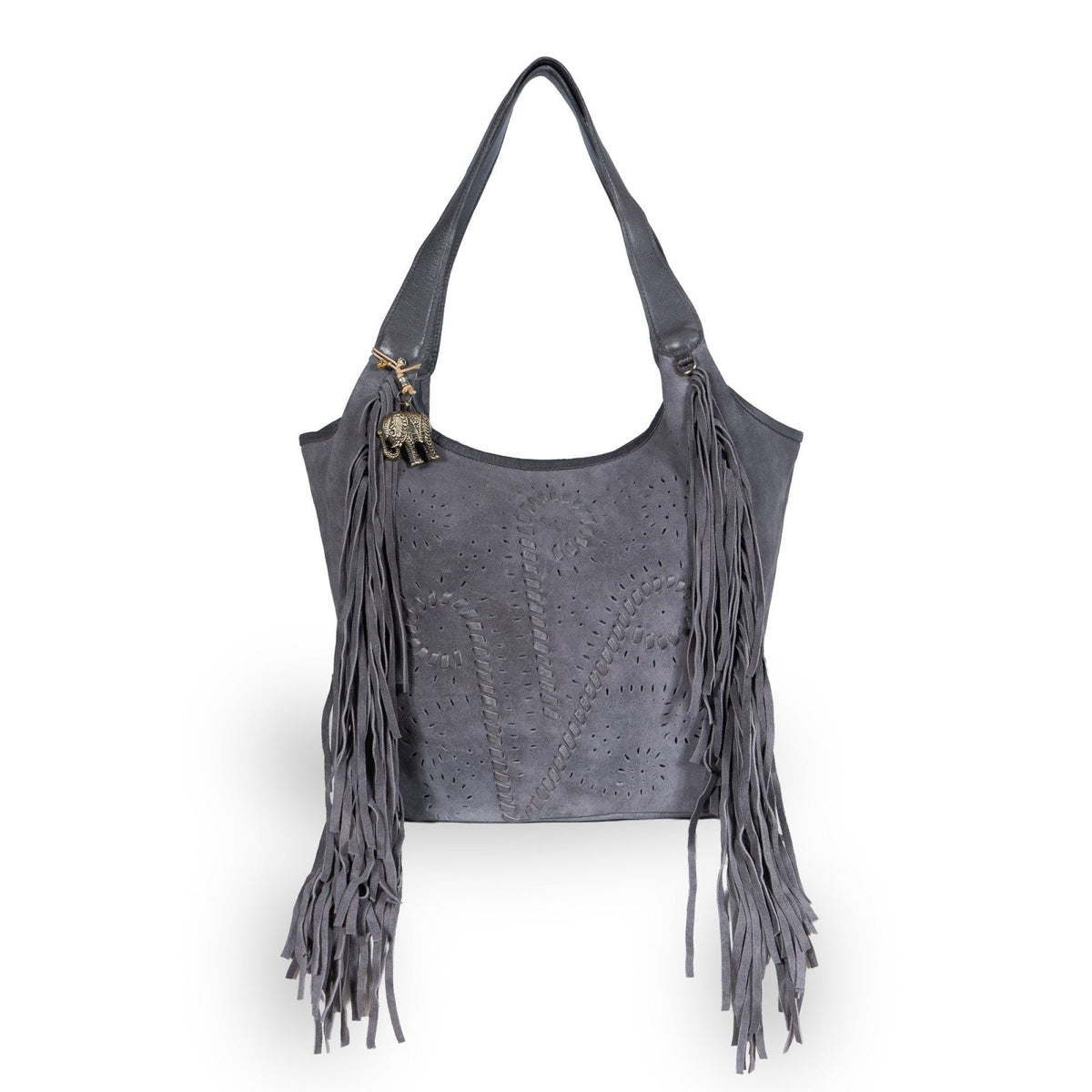 Hobo Bag Velourleder Fransen grau - ANOKHI