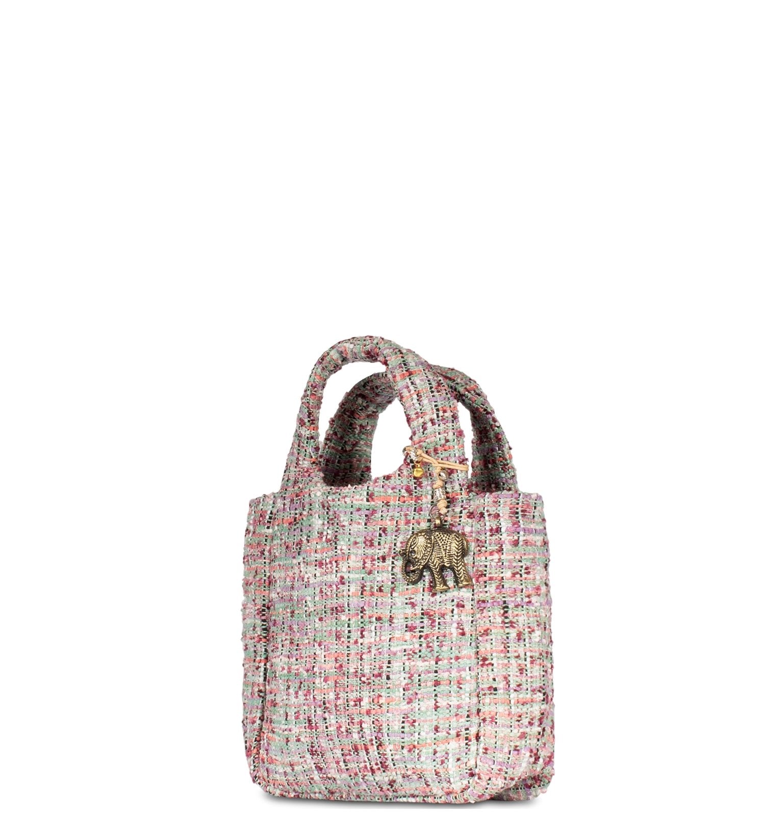 Mini Handtasche aus gewebtem Jacquardstoff in Pink und Grün mit abnehmbarem Schultergurt - ANOKHI