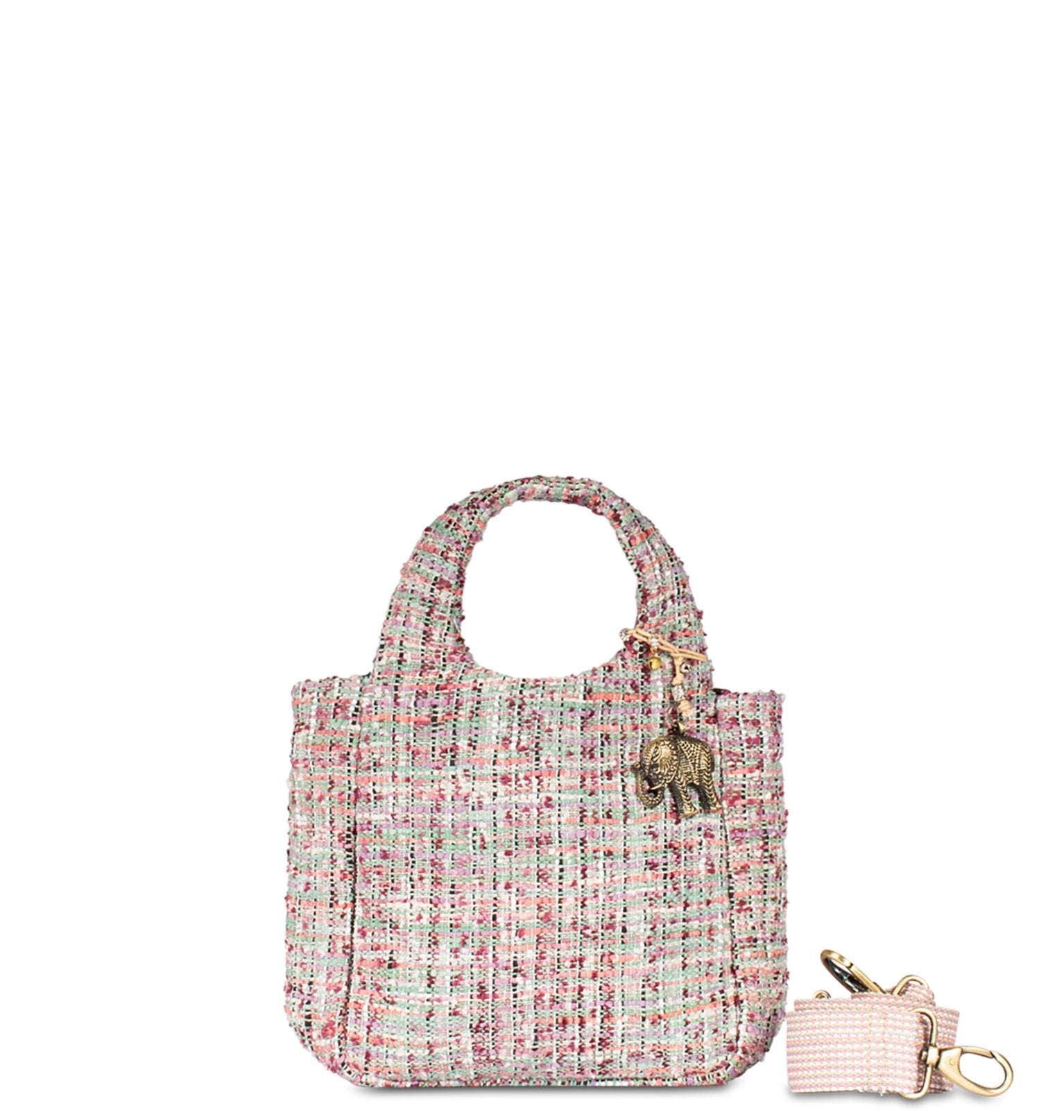 Mini Handtasche aus gewebtem Jacquardstoff in Pink und Grün mit abnehmbarem Schultergurt - ANOKHI