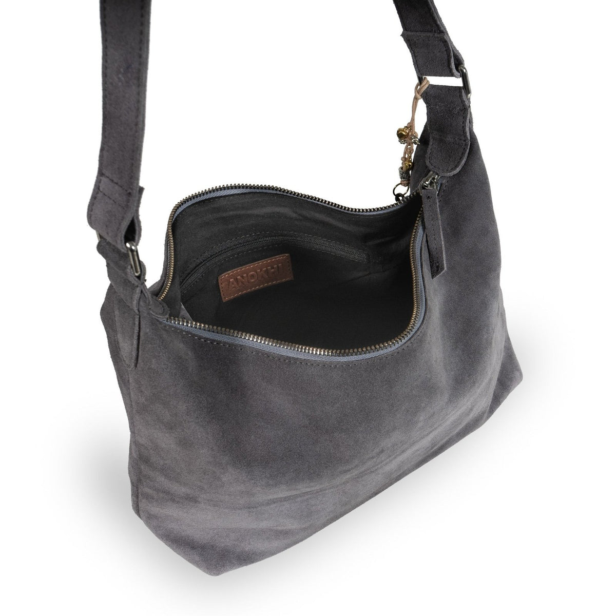 Schultertasche Velourleder grau - ANOKHI