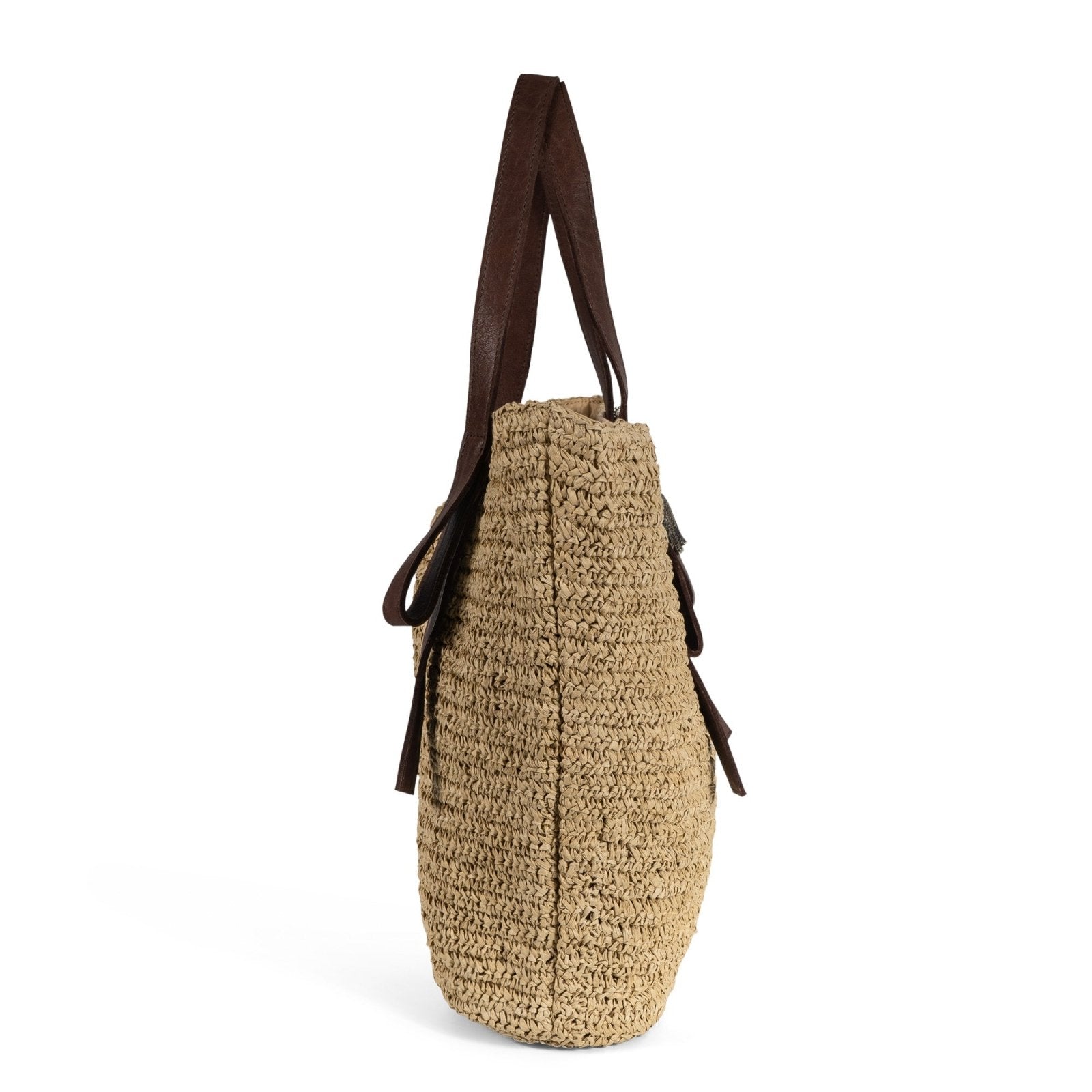 Shopper aus Bast Handarbeit natur Lederhenkel - ANOKHI