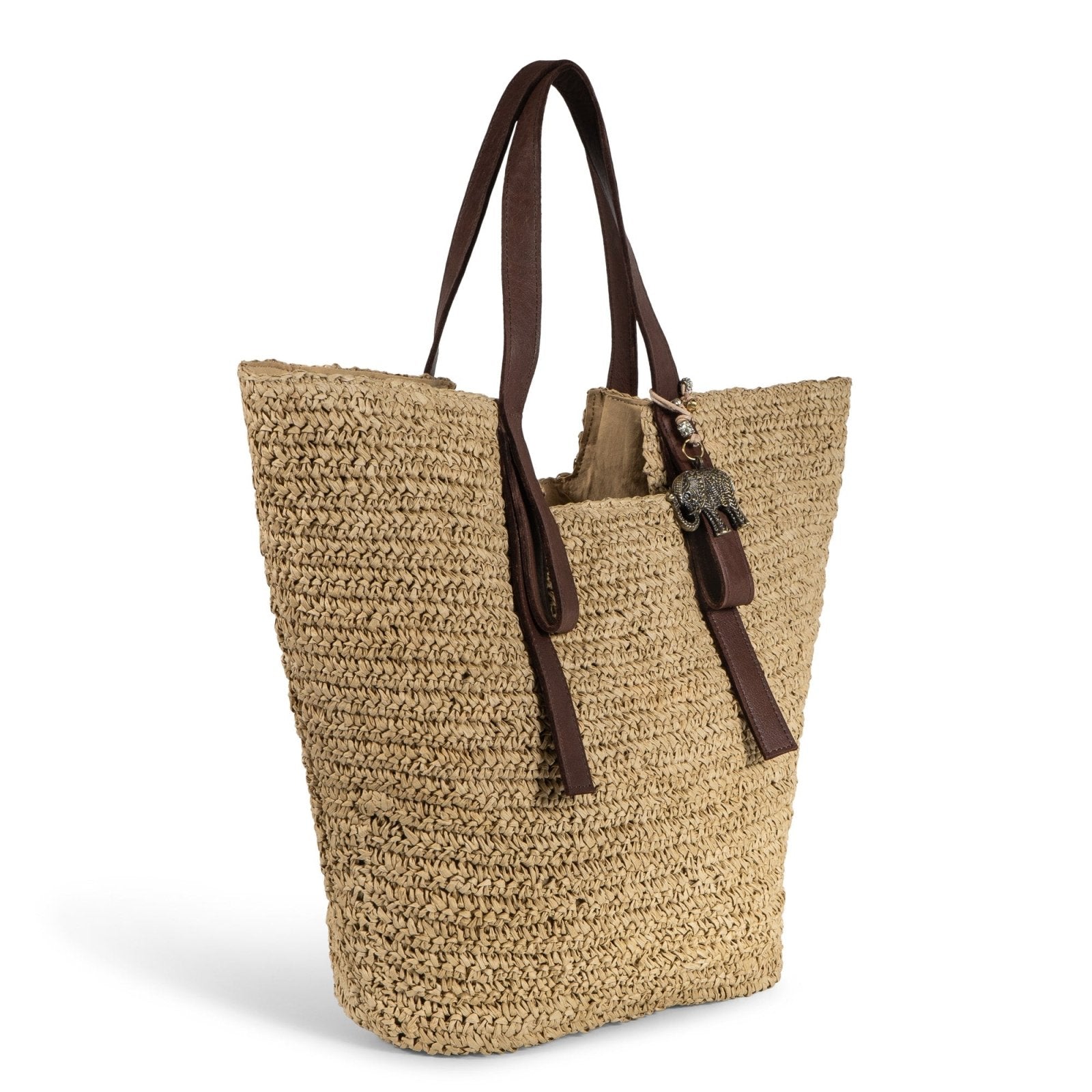 Shopper aus Bast Handarbeit natur Lederhenkel - ANOKHI