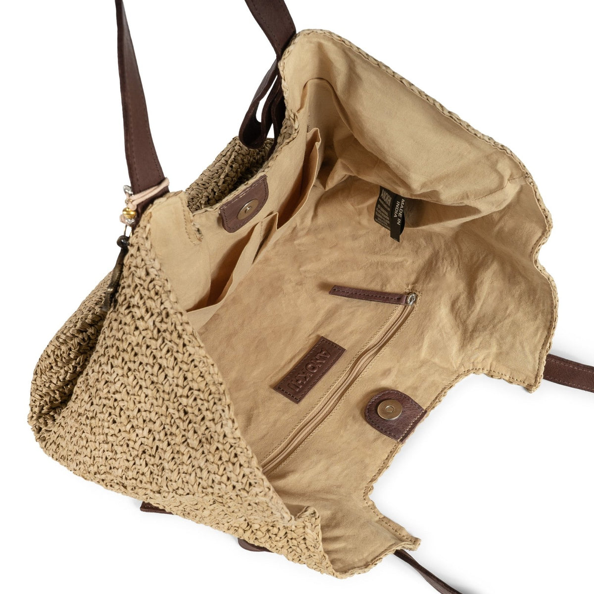 Shopper aus Bast Handarbeit natur Lederhenkel - ANOKHI