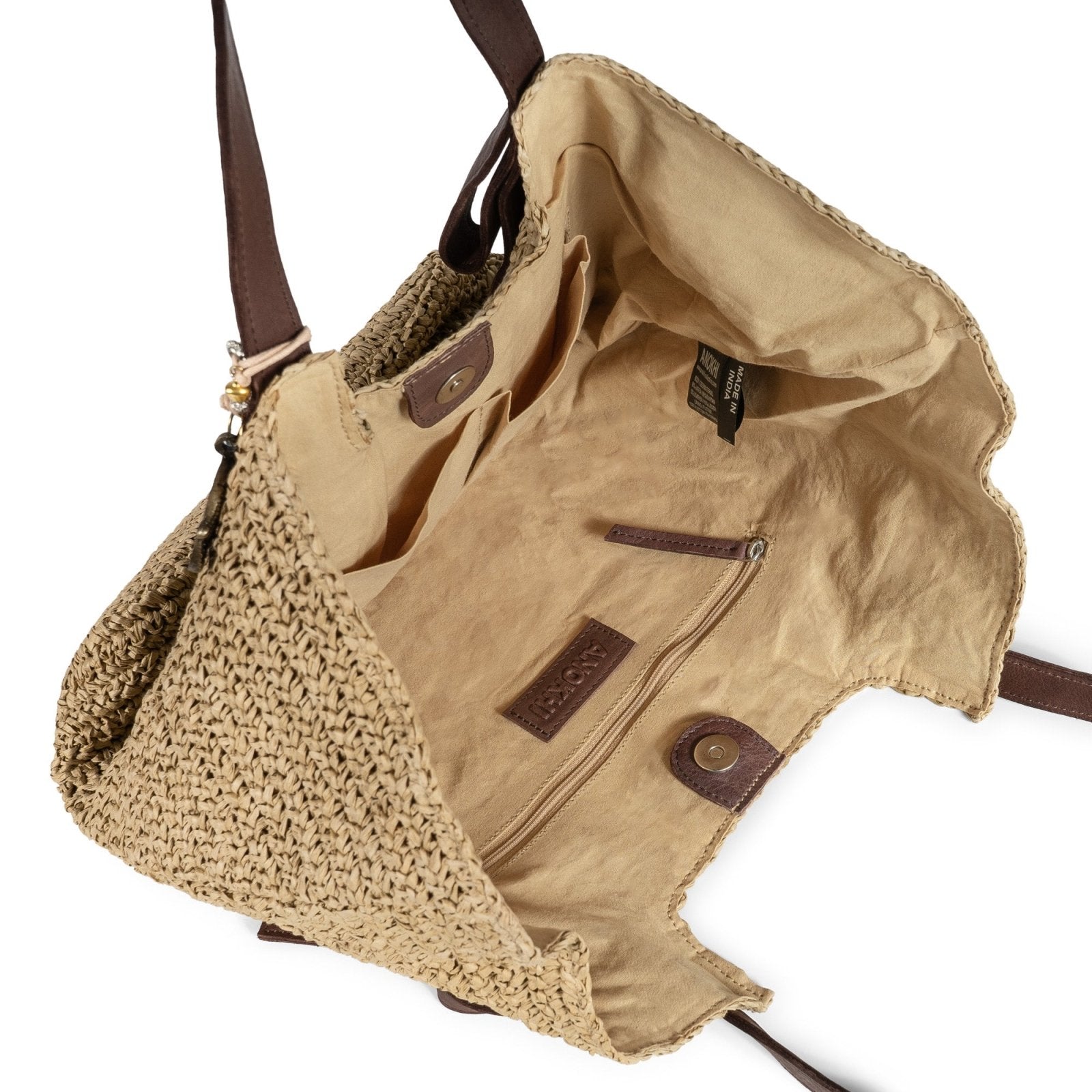 Shopper aus Bast Handarbeit natur Lederhenkel - ANOKHI