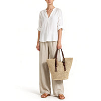 Bolso shopper de rafia hecho a mano natural con asas de piel - ANOKHI